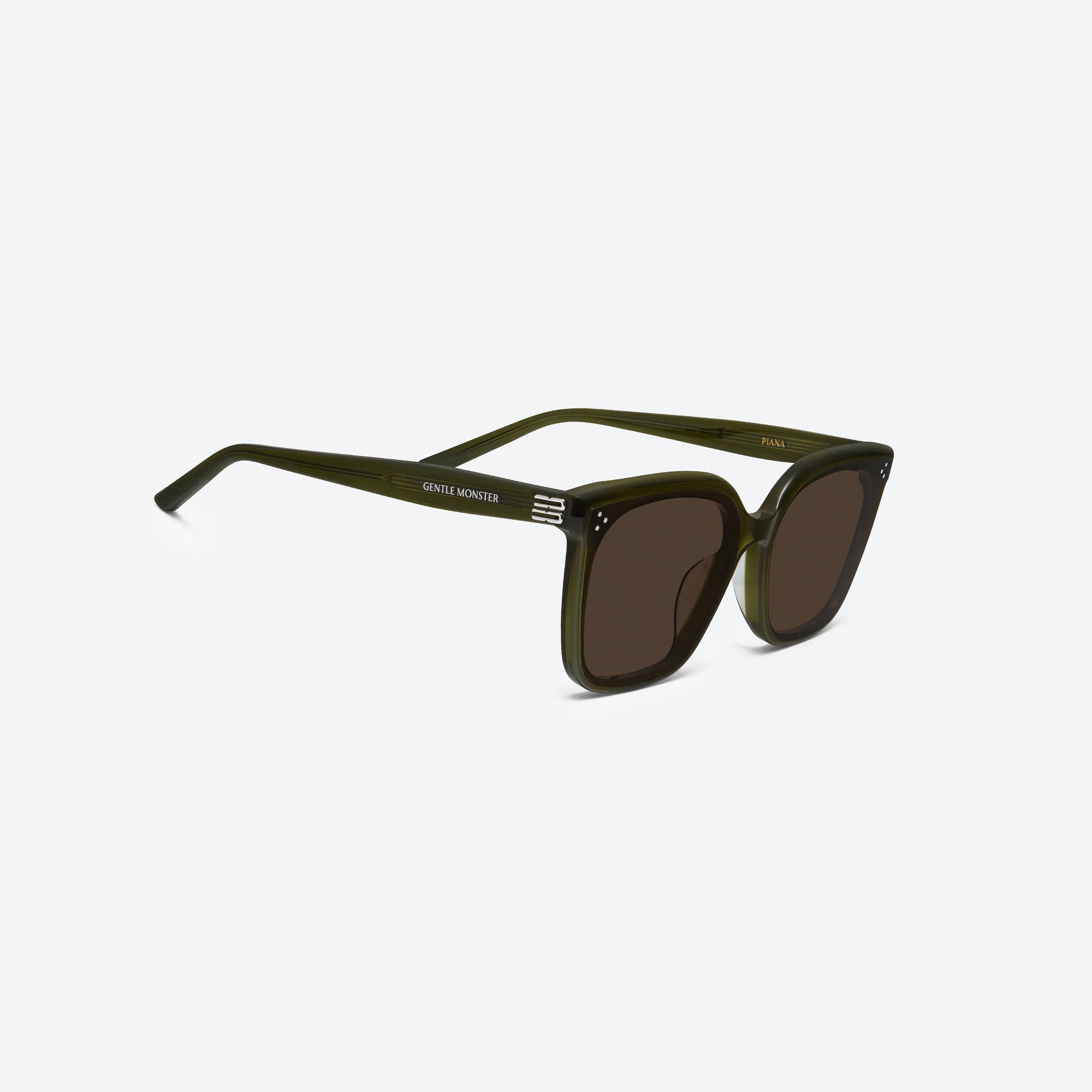 45-degree detailed view of Gentle Monster Piana KC2 Green Acetate framed Square sunglasses.