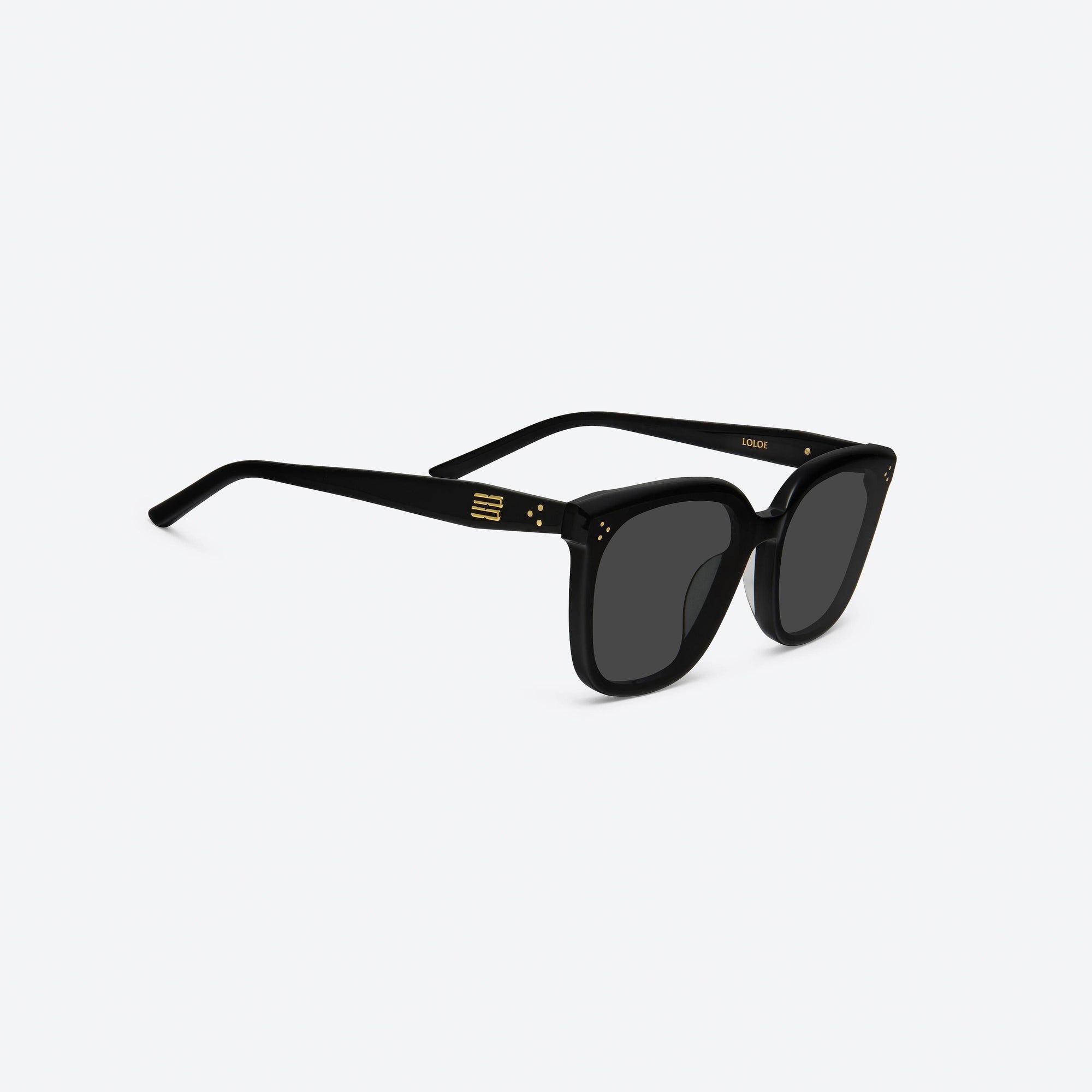 45-degree detailed view of Gentle Monster Loloe 01 Black Acetate framed Square sunglasses.