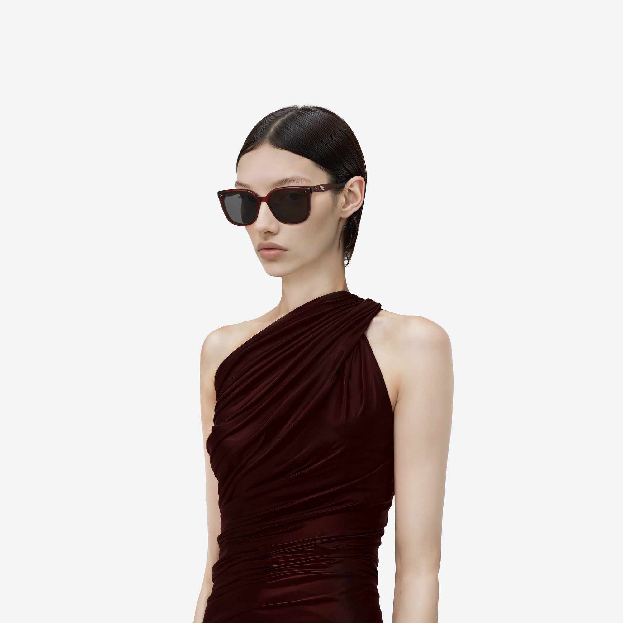 Model wearing the Loloe RC3 Red Acetate framed Square sunglasses.