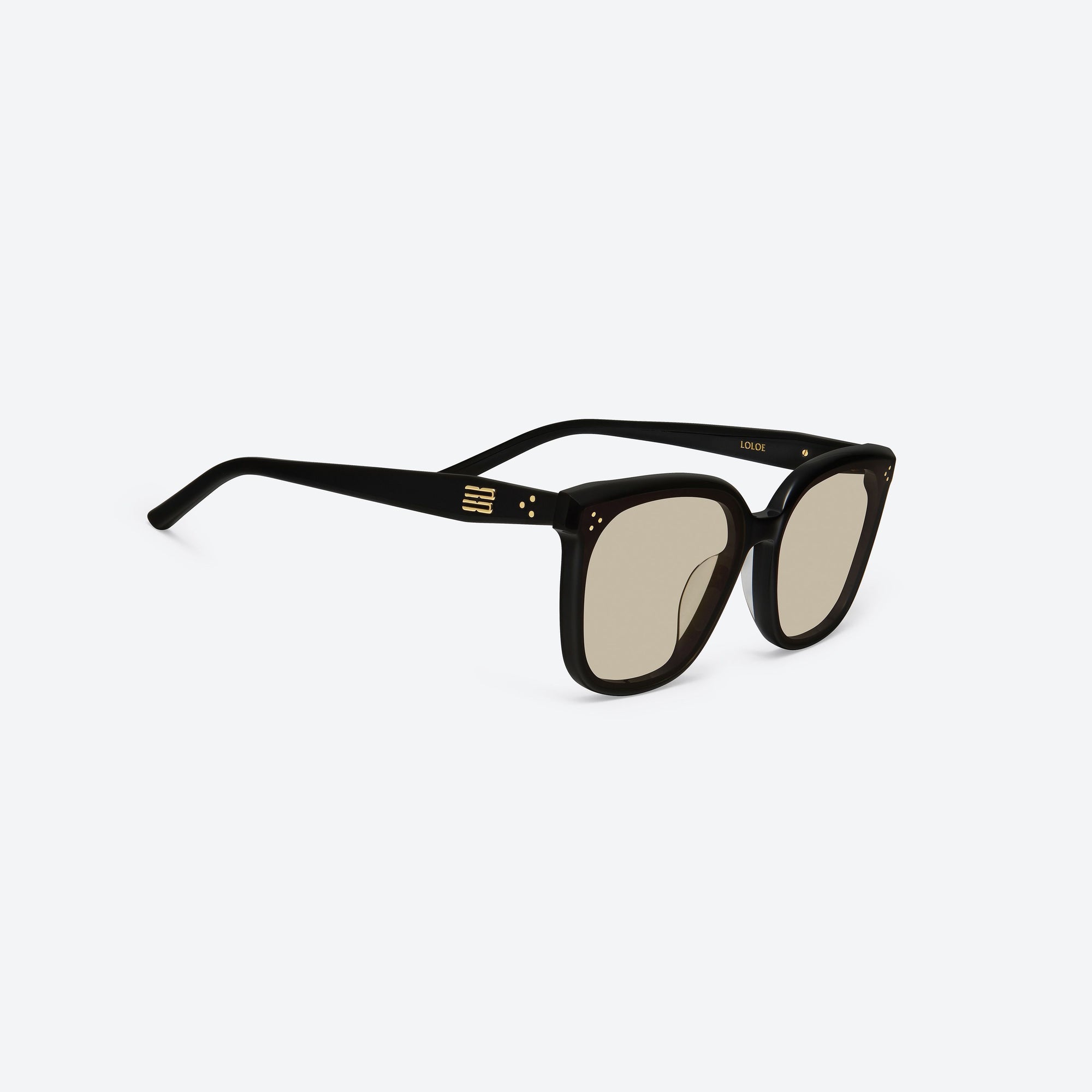 45-degree detailed view of Gentle Monster Loloe 01(BR) Black Acetate framed Square sunglasses.