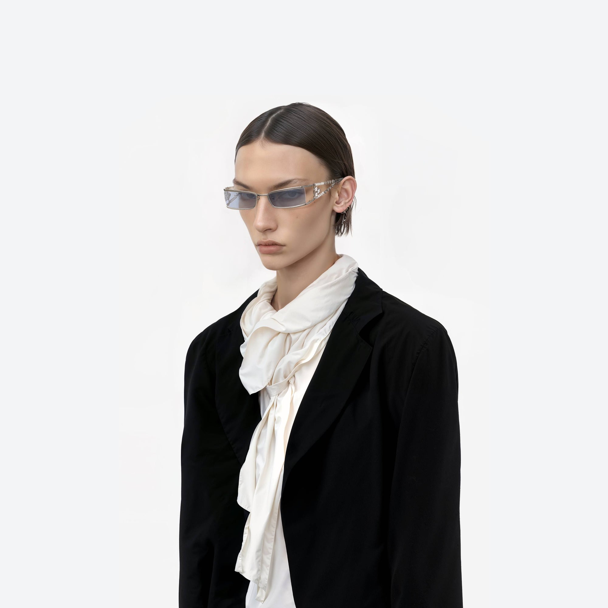 Model wearing the Kiira 02(BLM) Silver Metal framed Square sunglasses.