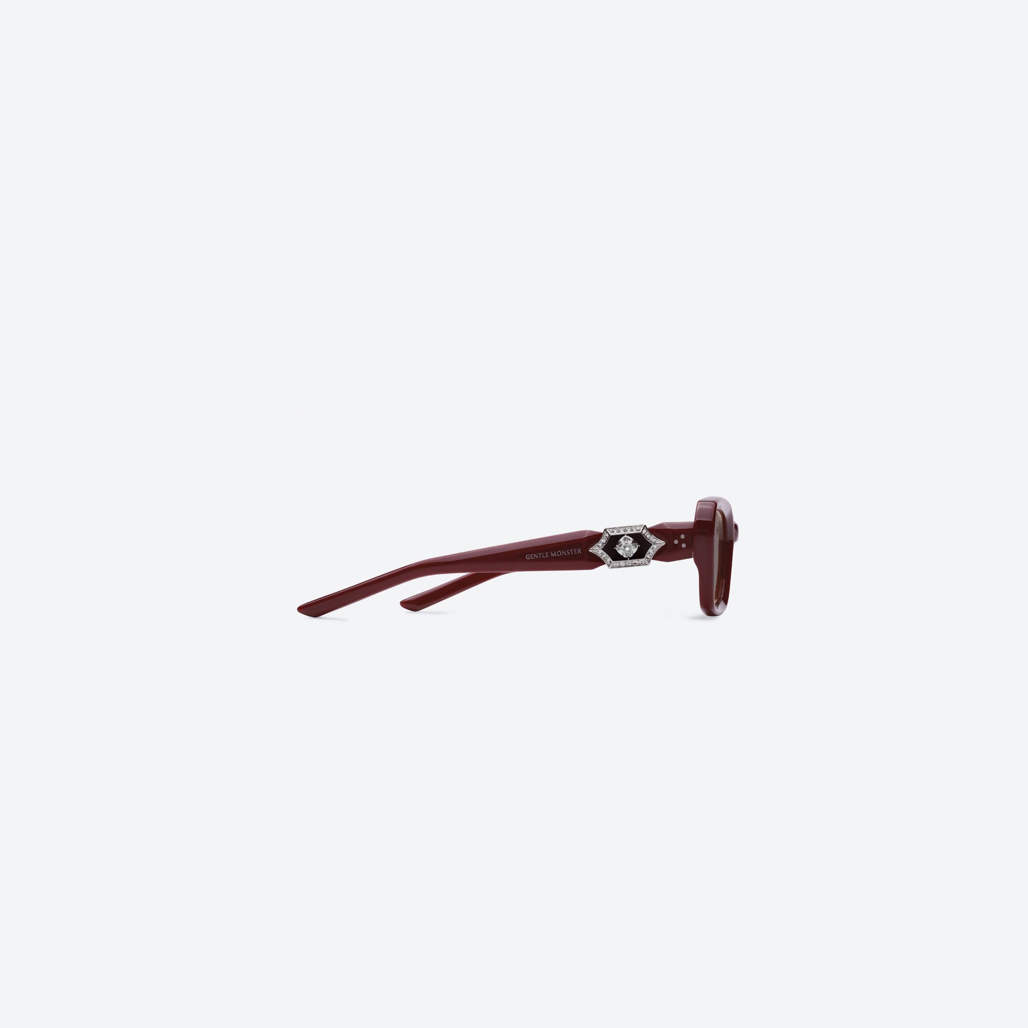 A detailed right view of Gentle Monster Phantom R8 Red Acetate framed Square sunglasses.
