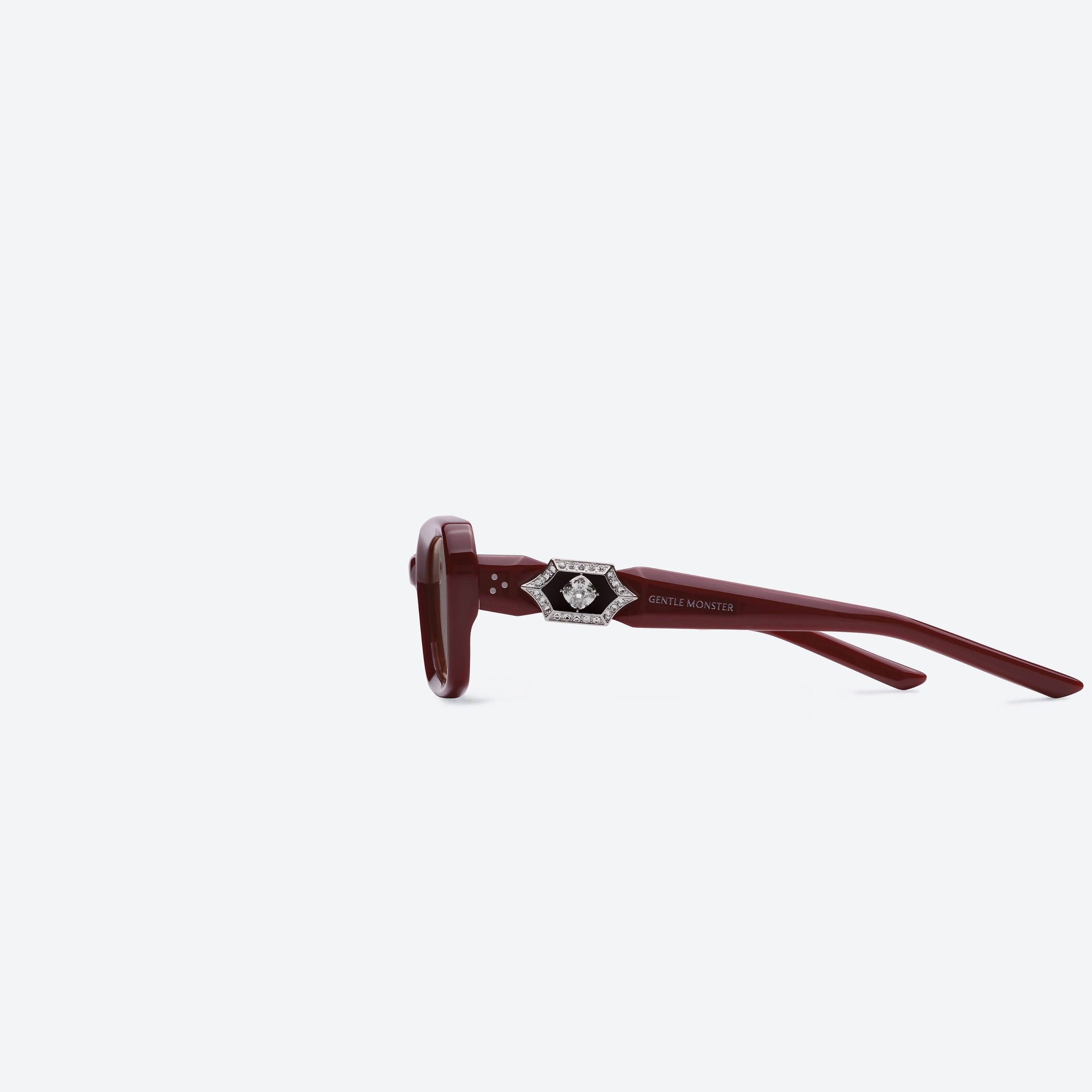 A detailed left view of Gentle Monster Phantom R8 Red Acetate framed Square sunglasses.