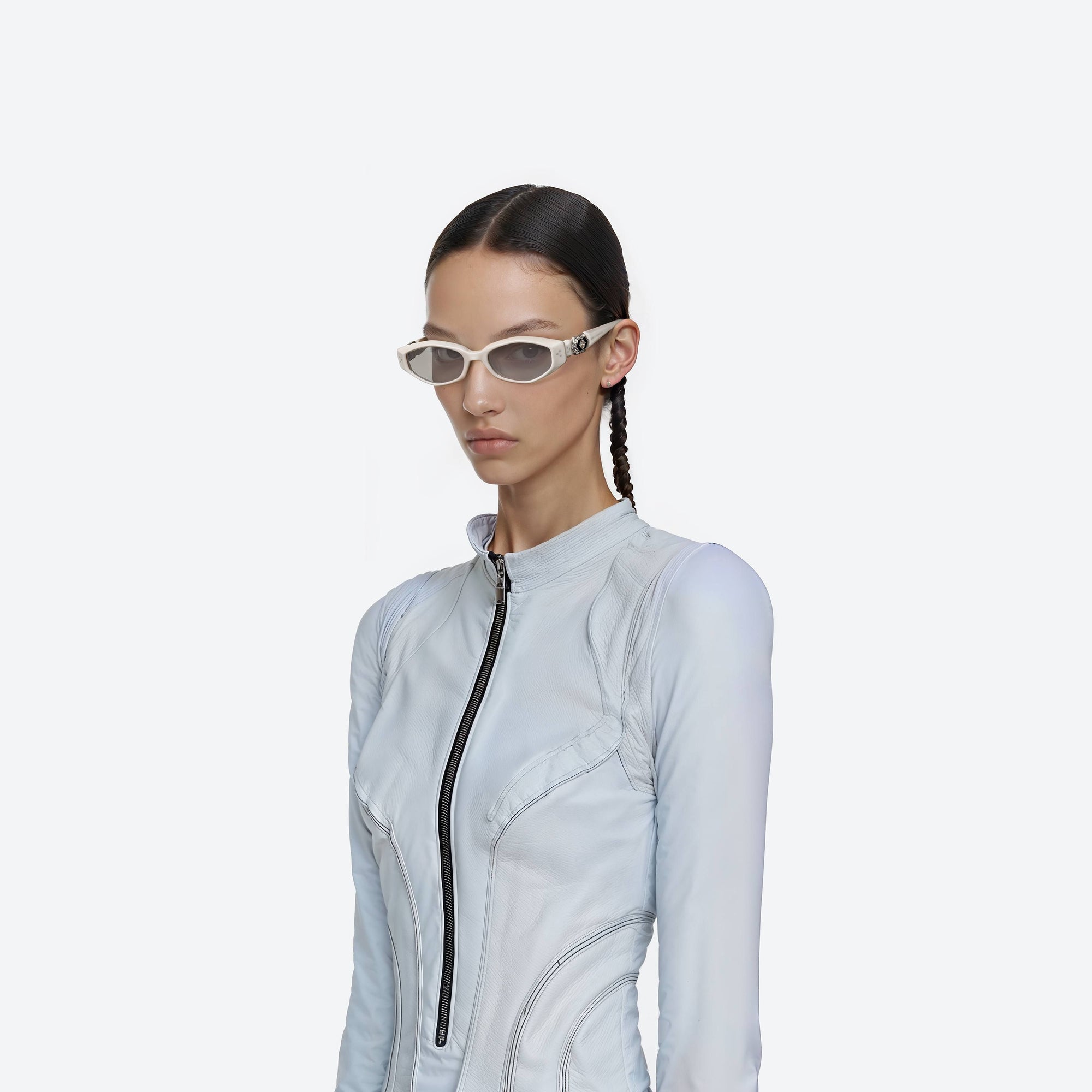 Model wearing the Vegax W2 White Acetate framed Oval sunglasses.
