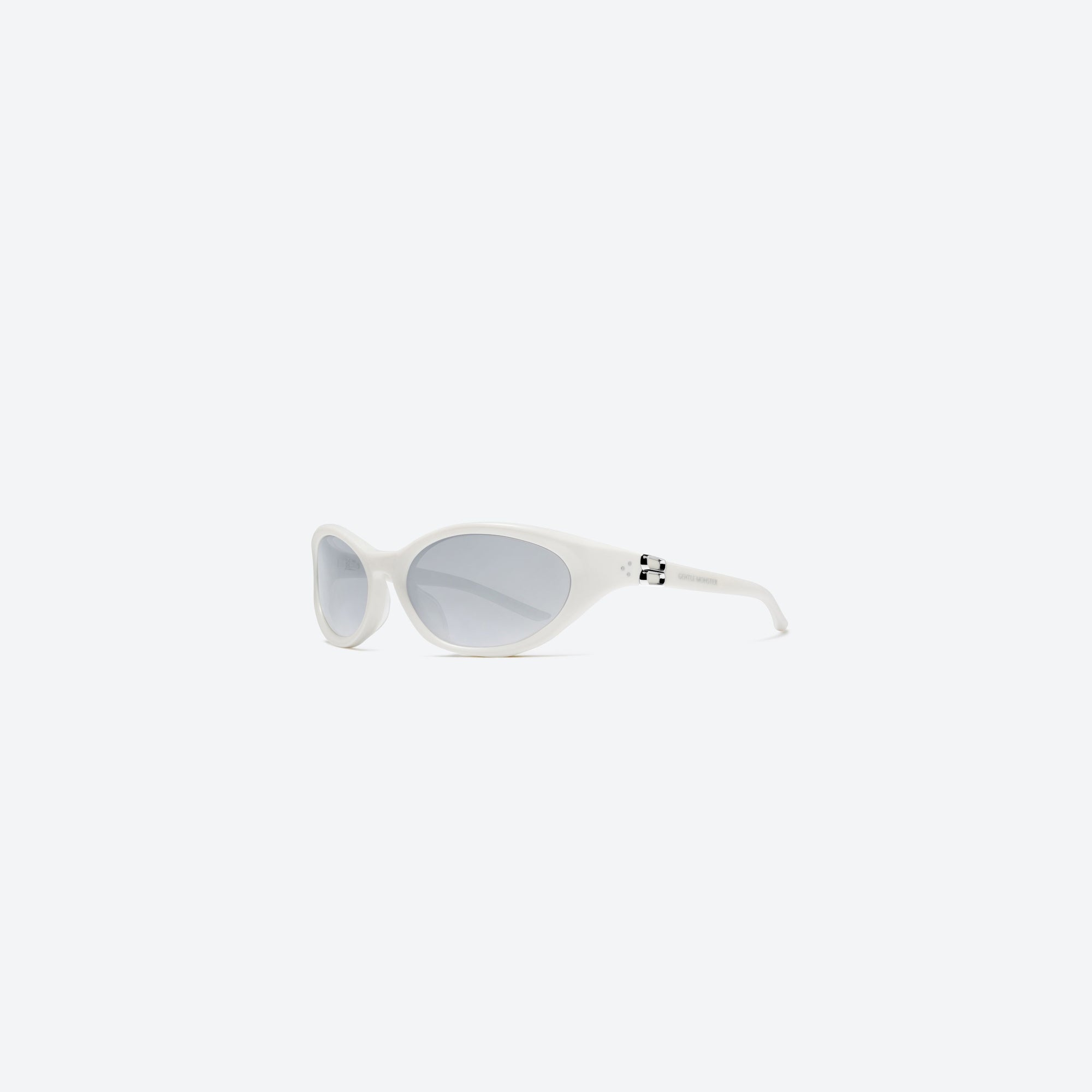 45-degree view of Gentle Monster Ion W2 White Acetate framed Wraparound sunglasses.