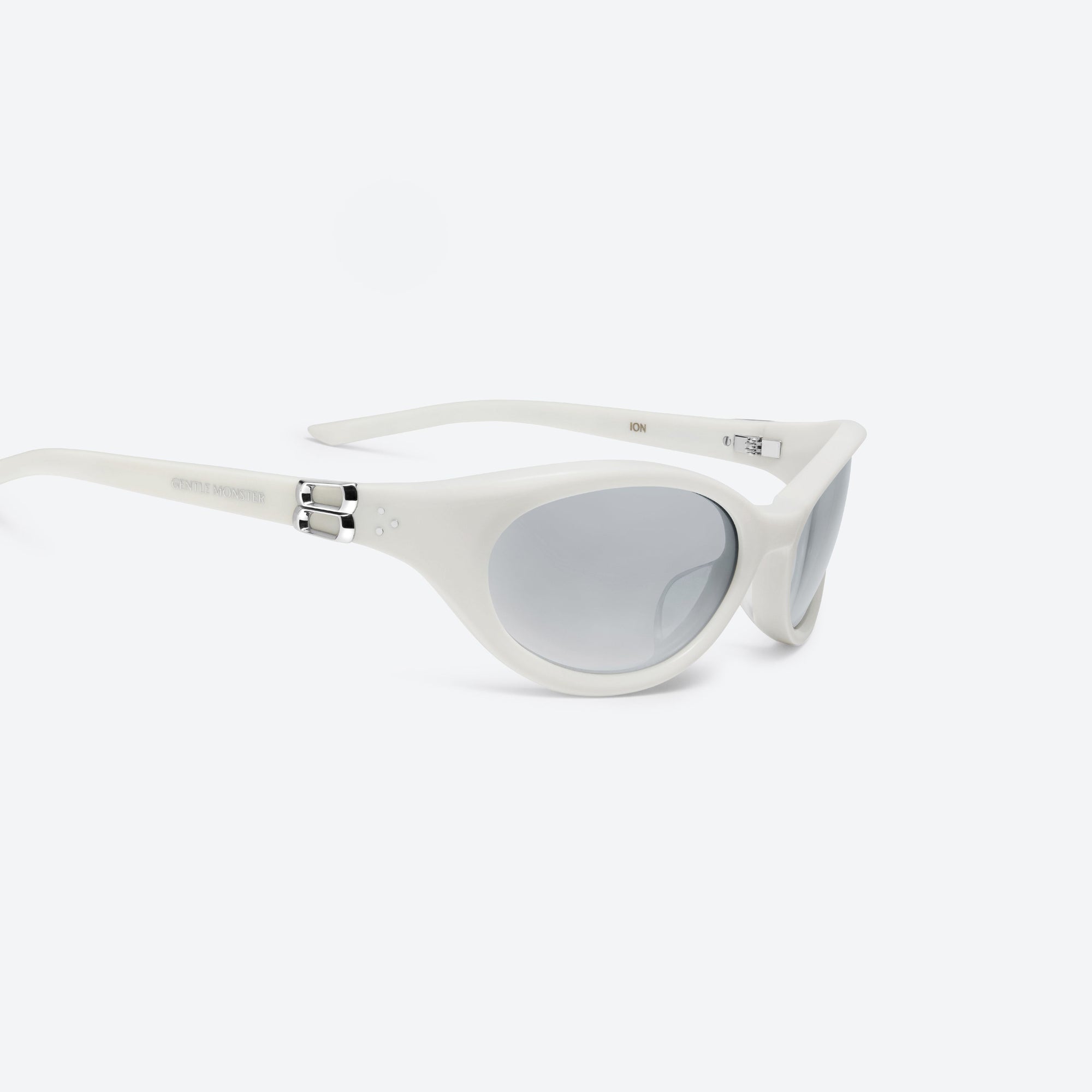 45-degree detailed view of Gentle Monster Ion W2 White Acetate framed Wraparound sunglasses.