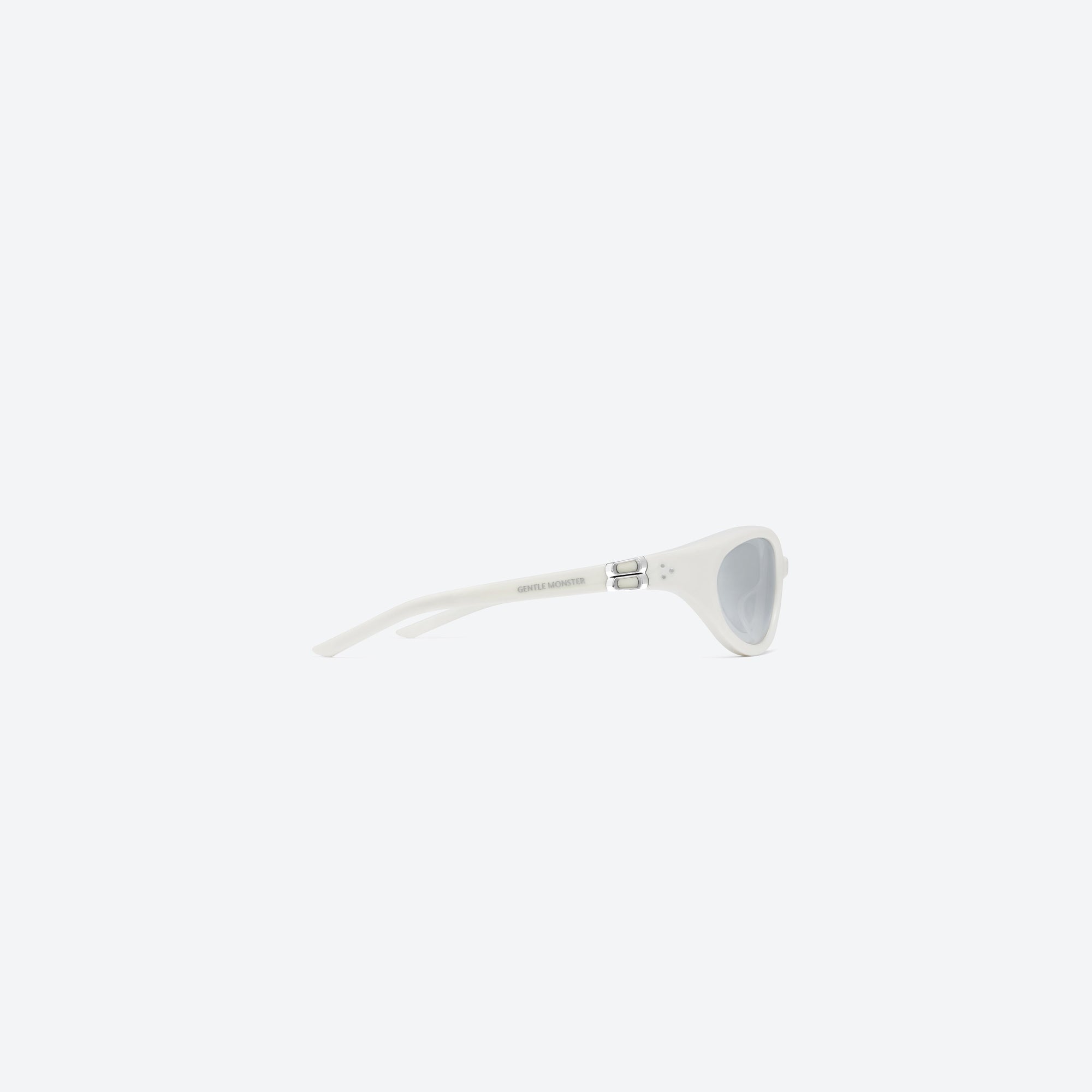A detailed right view of Gentle Monster Ion W2 White Acetate framed Wraparound sunglasses.