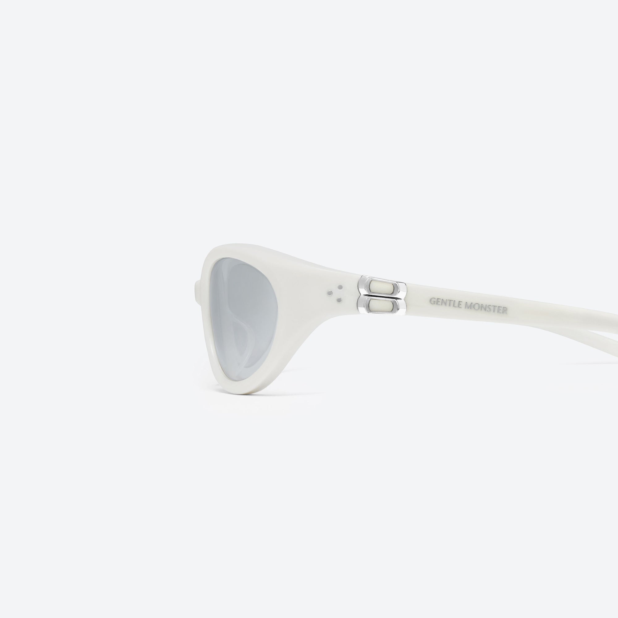 A detailed left view of Gentle Monster Ion W2 White Acetate framed Wraparound sunglasses.