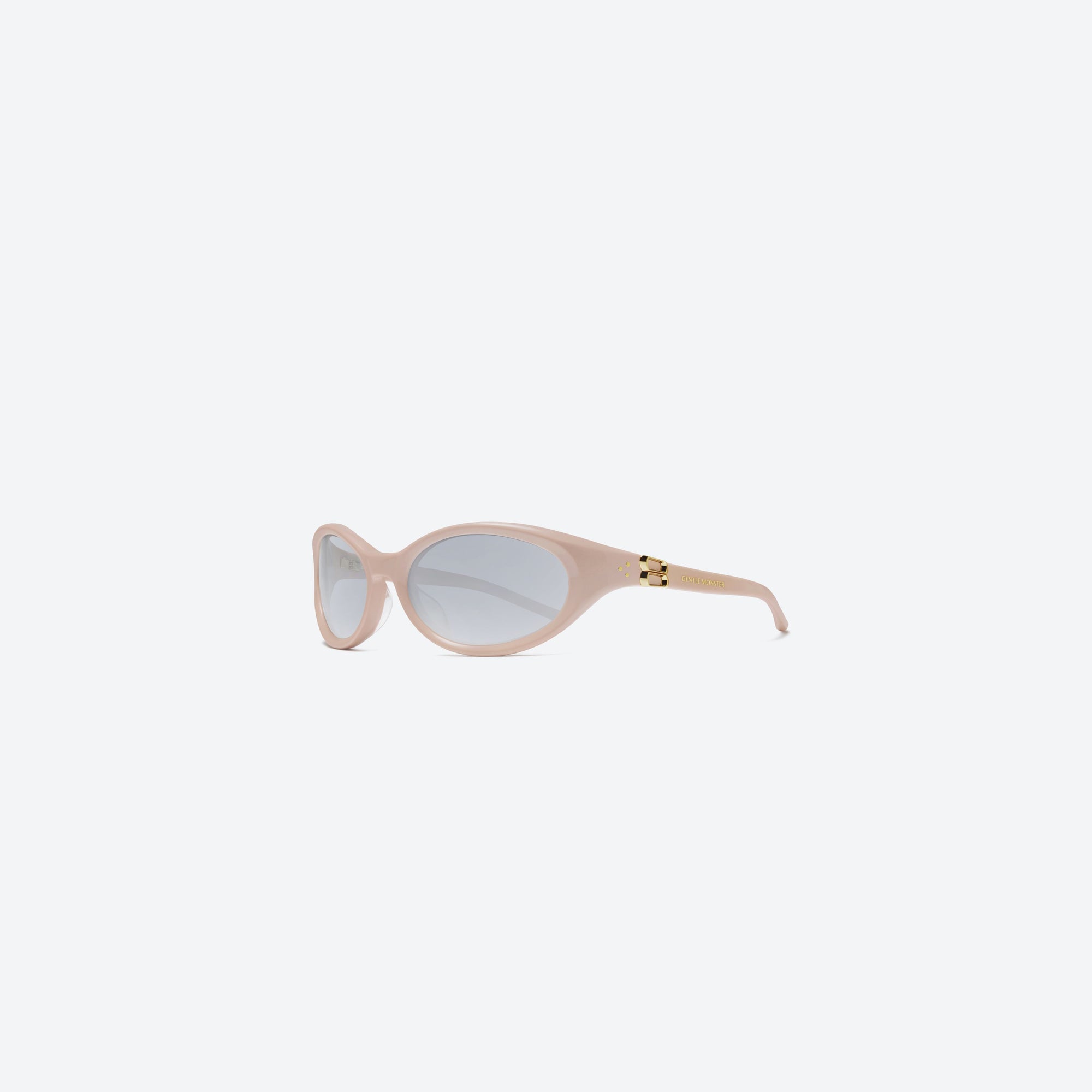 45-degree view of Gentle Monster Ion P7 Pink Acetate framed Wraparound sunglasses.