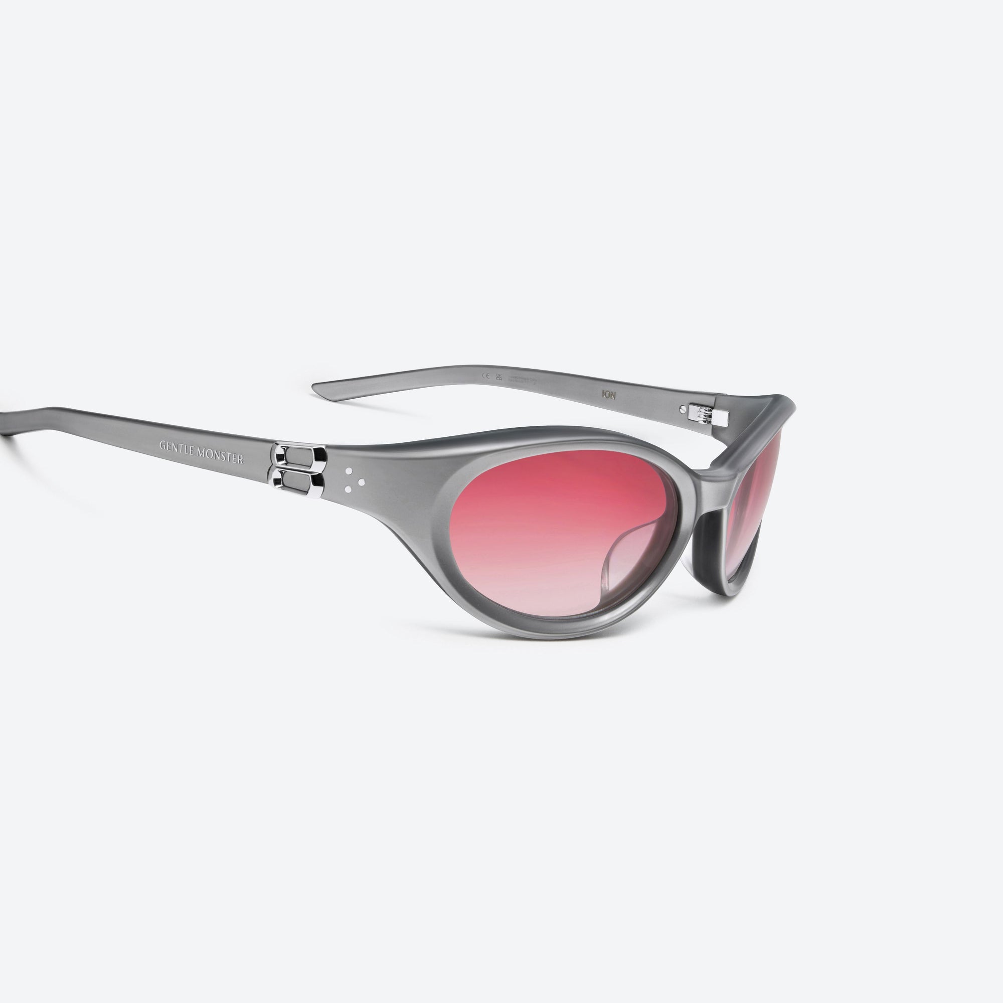 45-degree detailed view of Gentle Monster Ion G13 Gray Acetate framed Wraparound sunglasses.