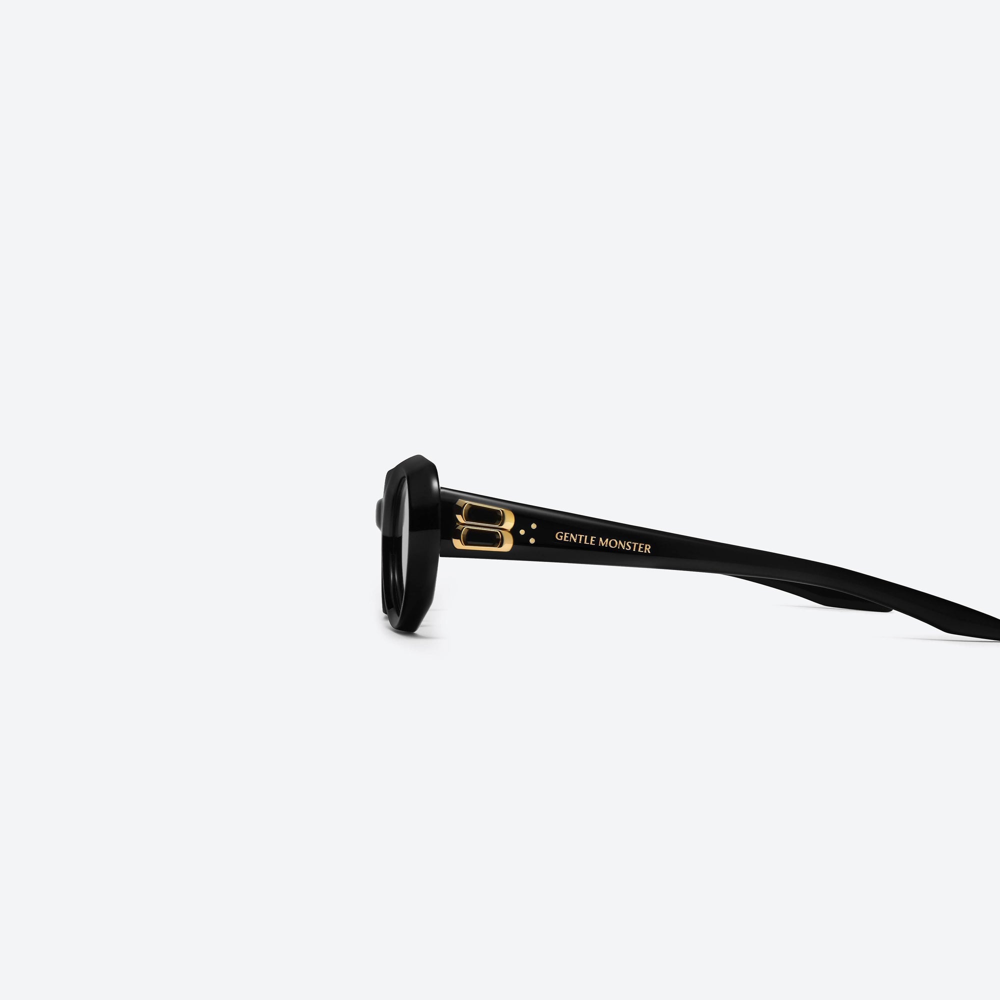 A detailed left view of Gentle Monster Cocoa 01GD Similar Black Acetate framed Oval sunglasses.