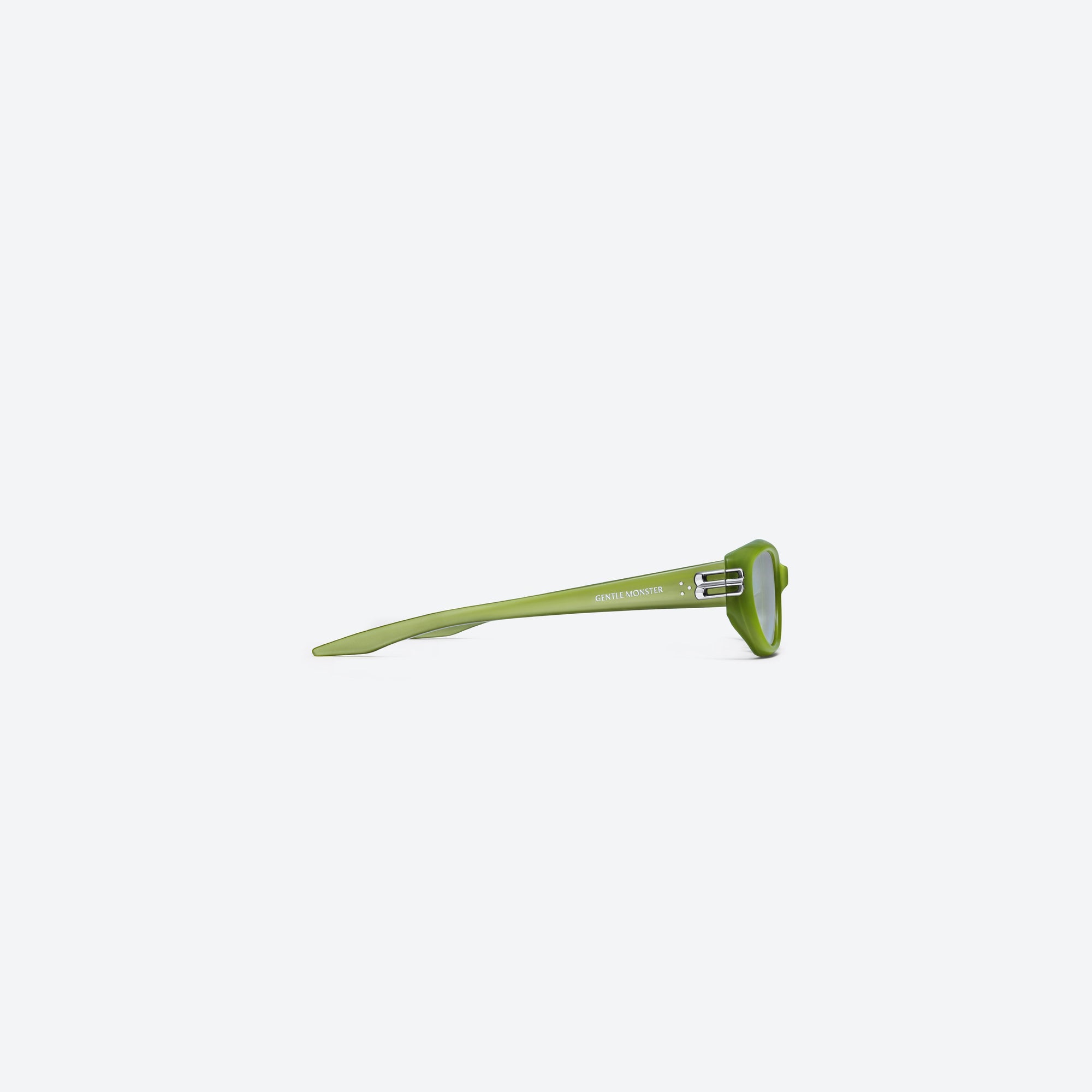 A detailed right view of Gentle Monster Sosomo GRC5 Green Acetate framed Oval sunglasses.