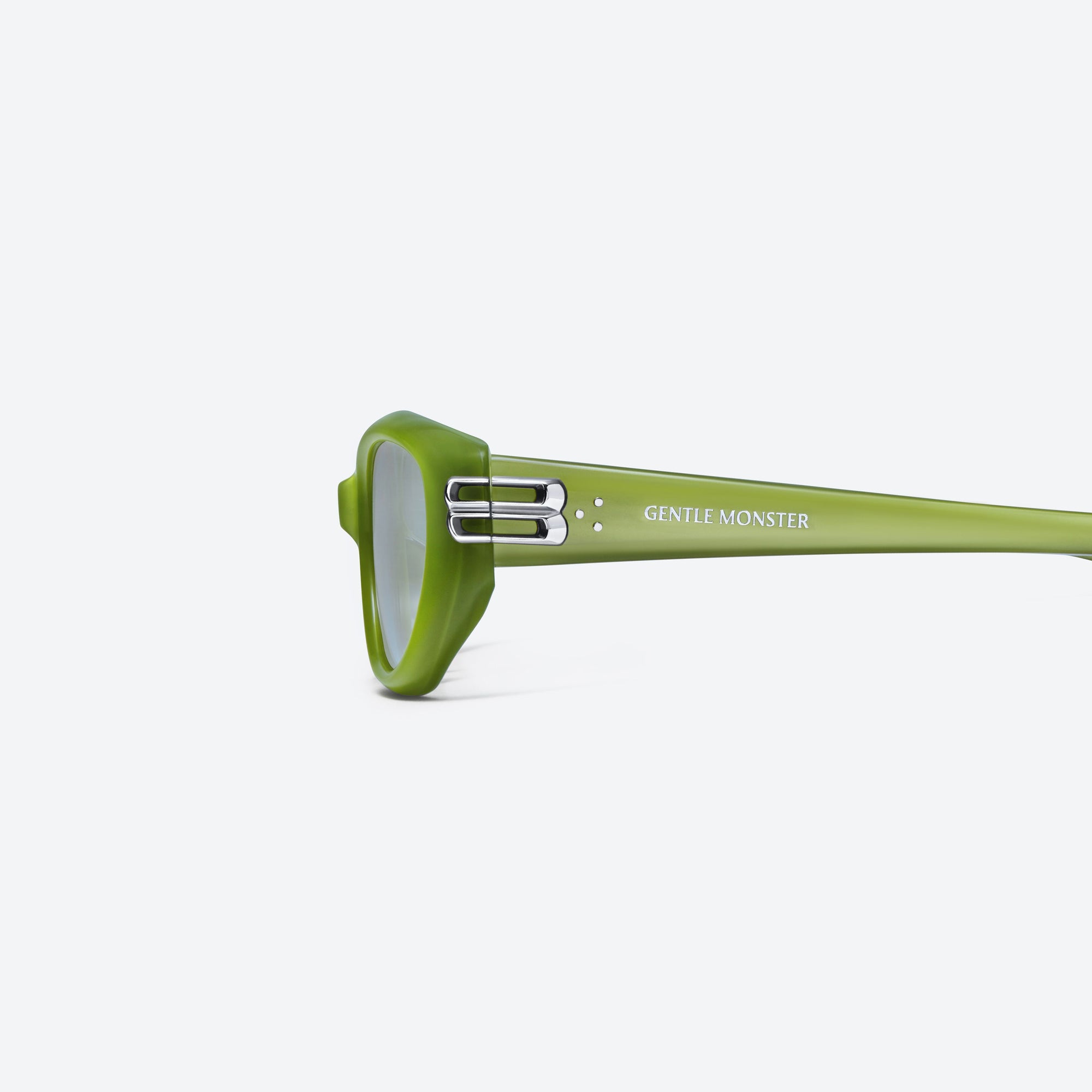 A detailed left view of Gentle Monster Sosomo GRC5 Green Acetate framed Oval sunglasses.