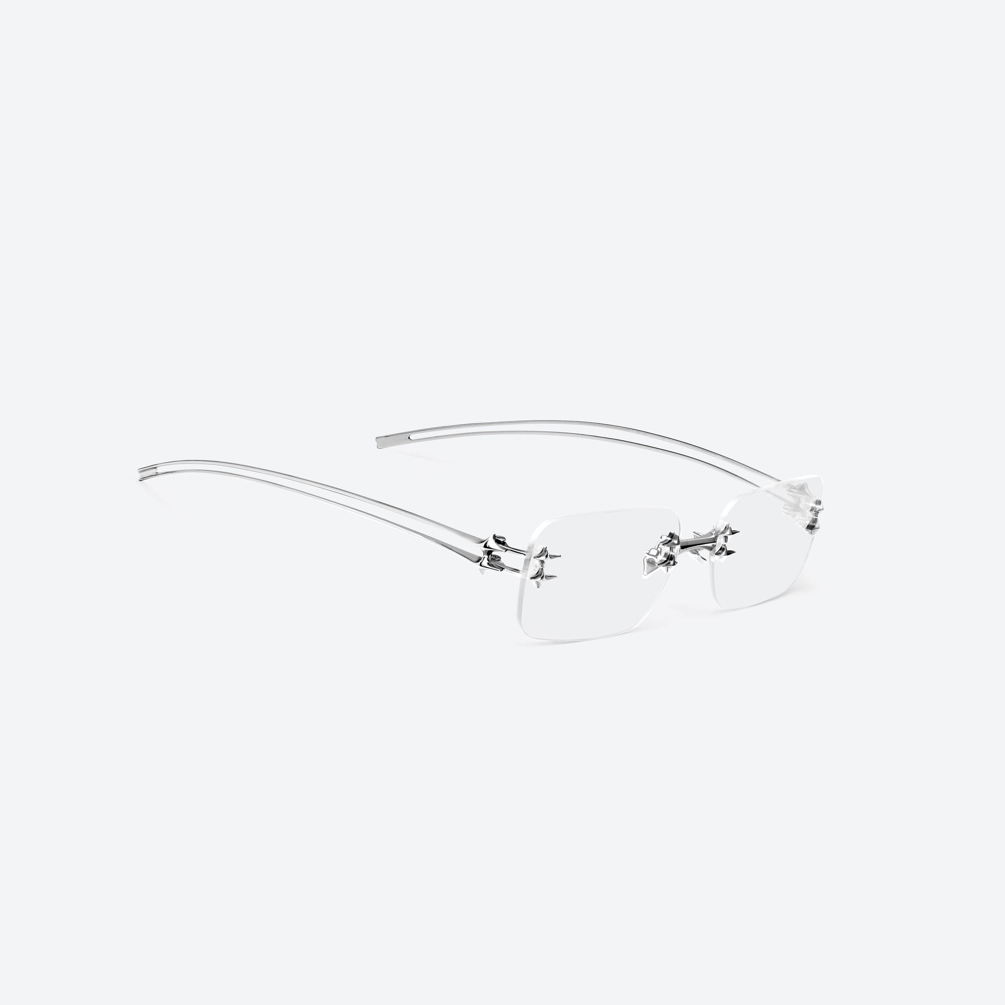 45-degree detailed view of Gentle Monster Tetra 02 Silver Metal framed Square sunglasses.