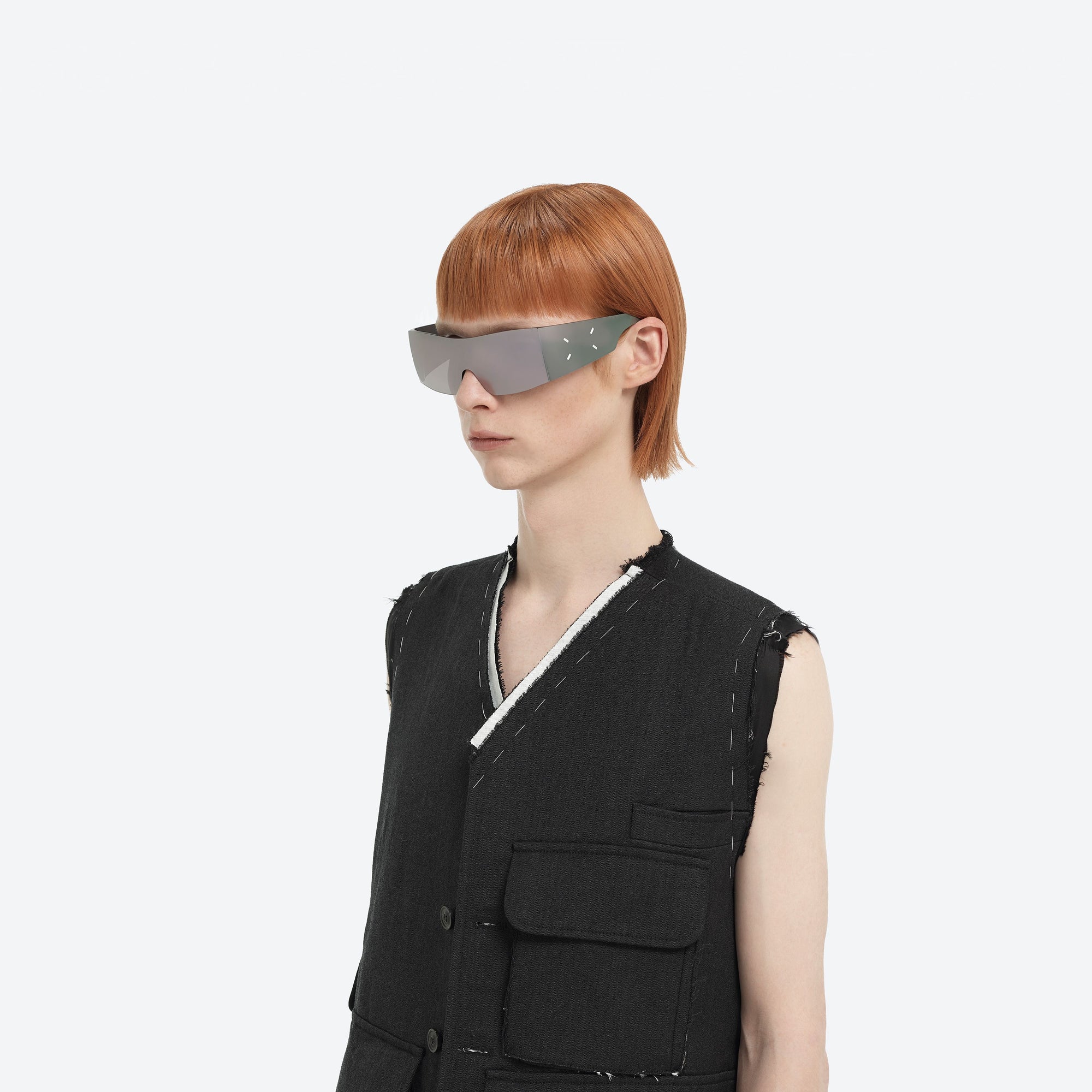 Model wearing the Maison Margiela - MM201 MSV1 Silver Nylon framed Wraparound sunglasses.