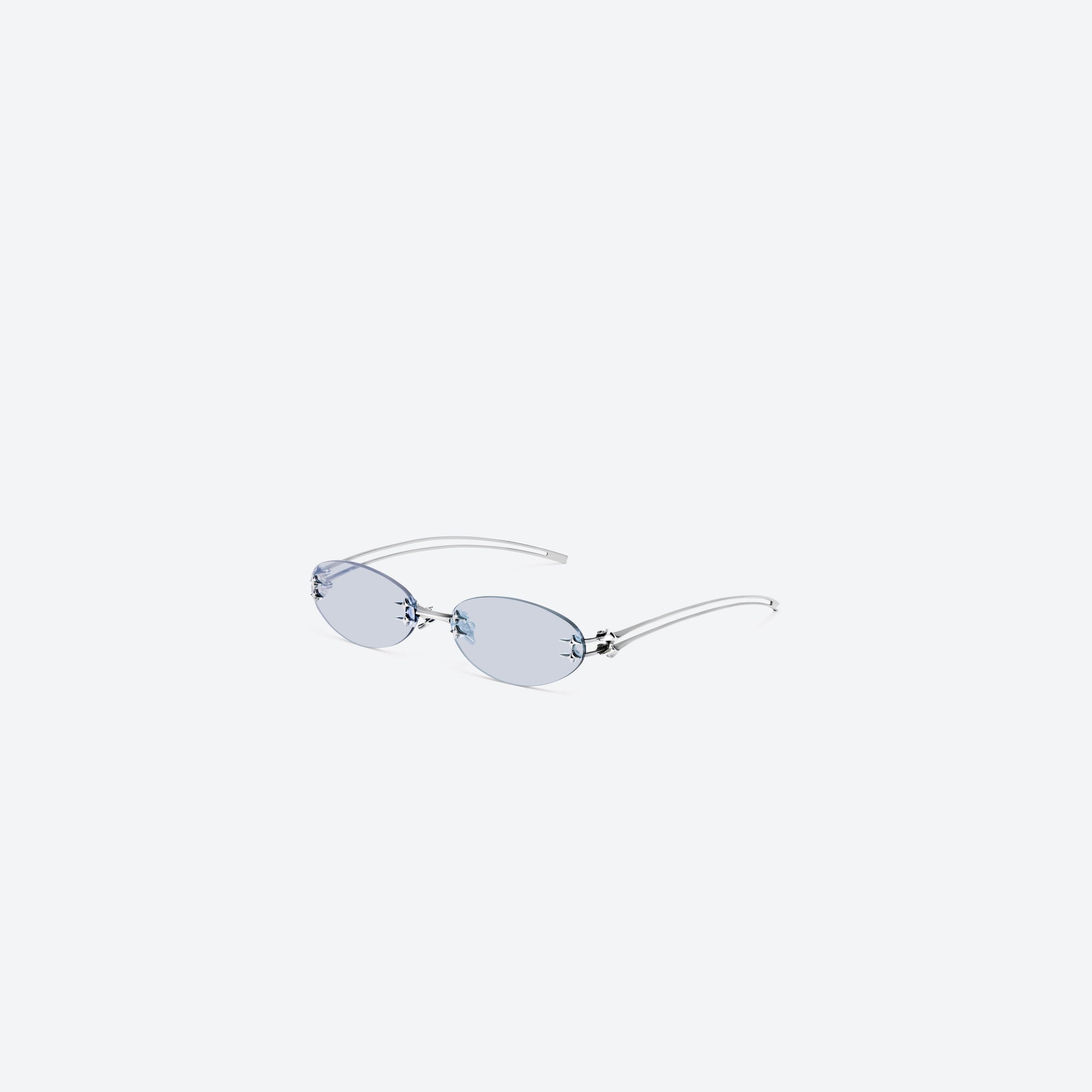 45-degree view of Gentle Monster Node 02 Silver Metal framed Oval sunglasses.