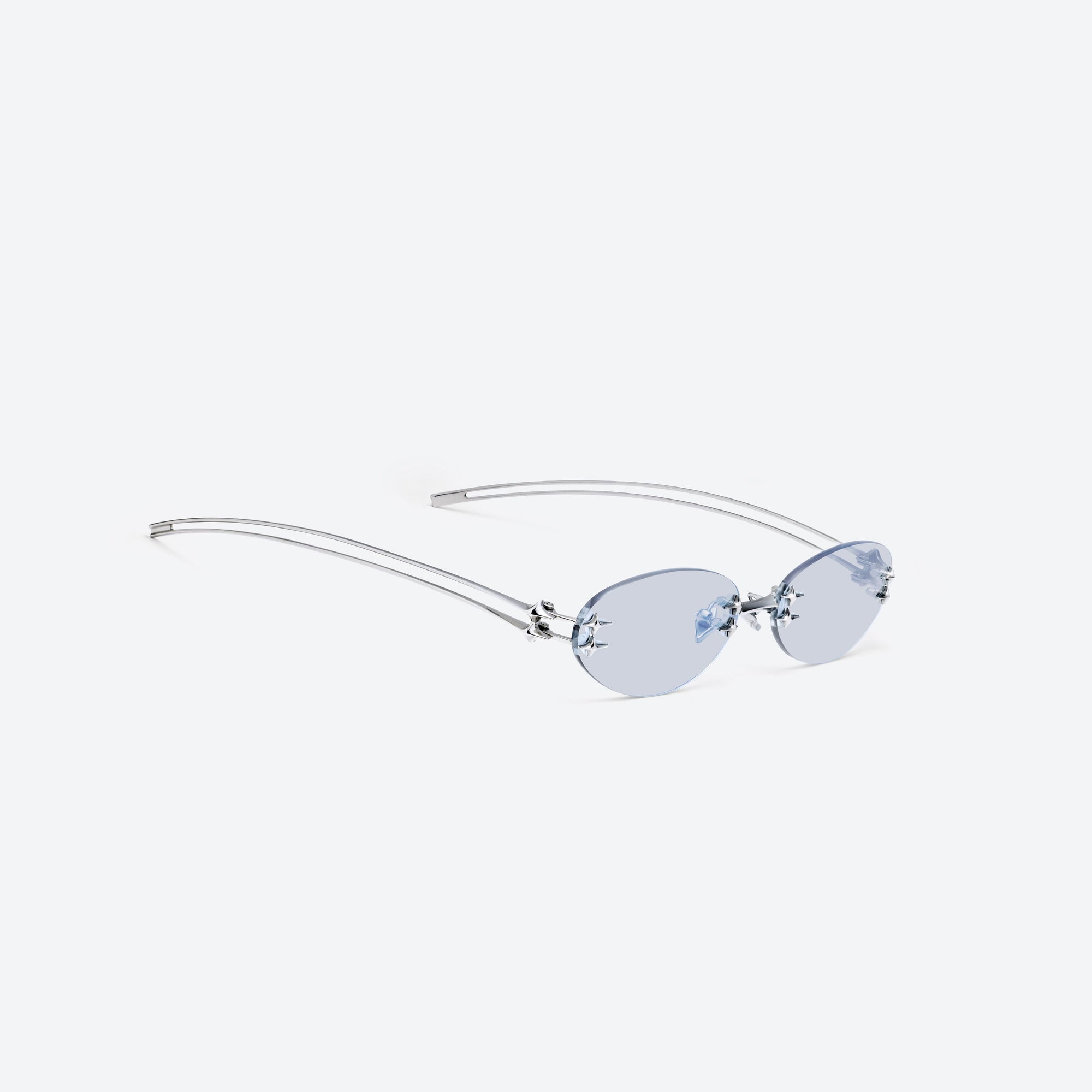 45-degree detailed view of Gentle Monster Node 02 Silver Metal framed Oval sunglasses.