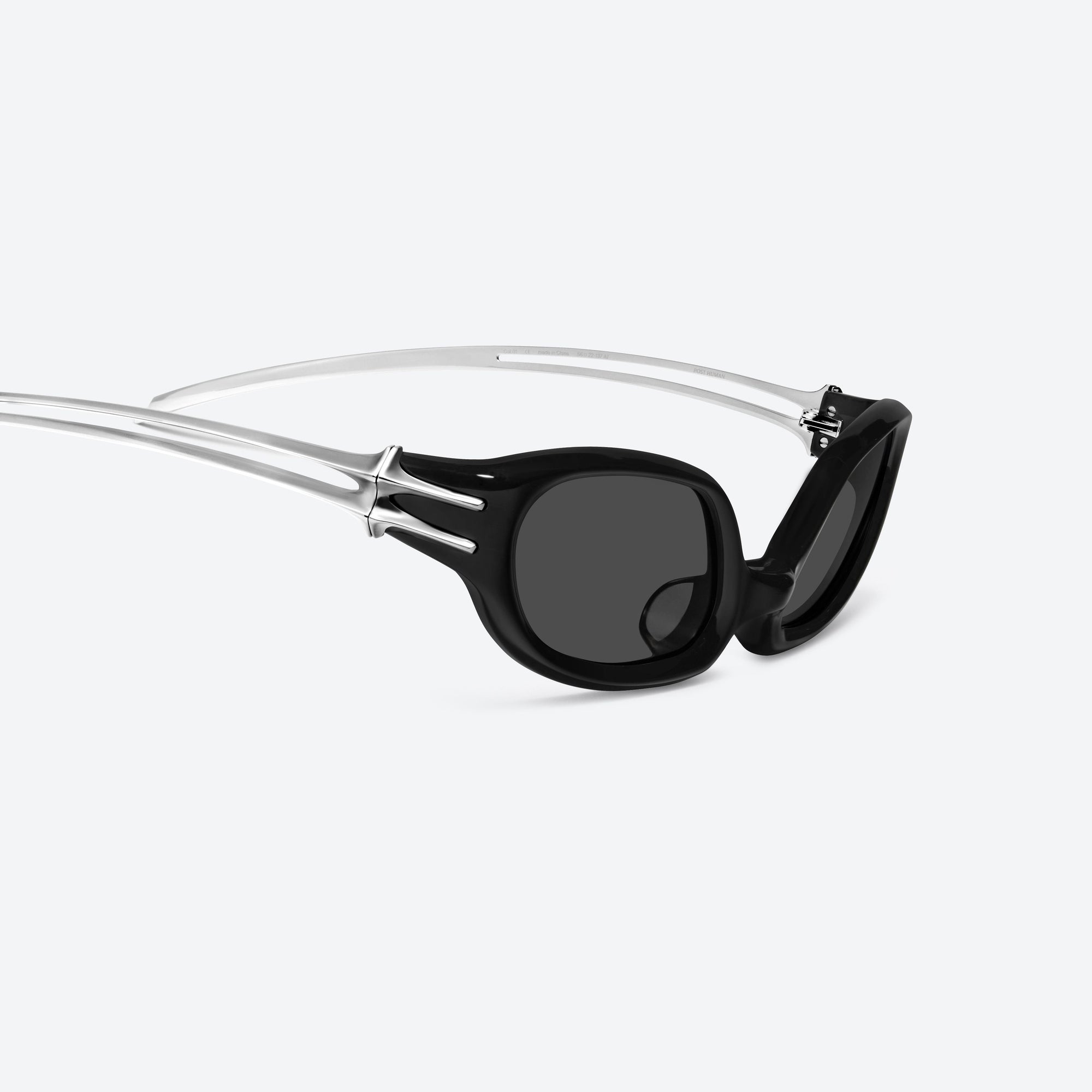 45-degree detailed view of Gentle Monster Post Human 01 Black Mixed framed Cat-eye sunglasses.