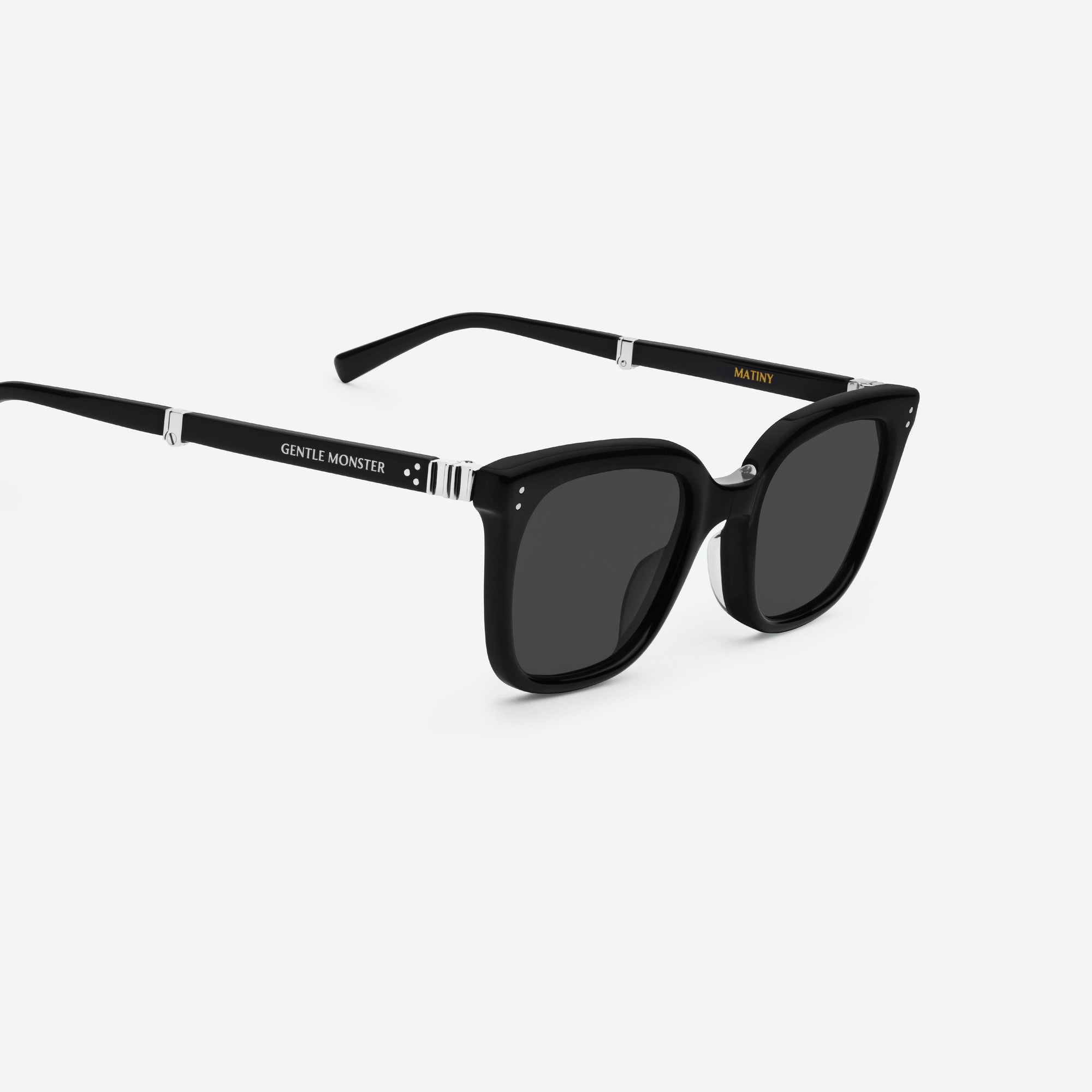 45-degree detailed view of Gentle Monster Matiny 01 Black Acetate framed Square sunglasses.