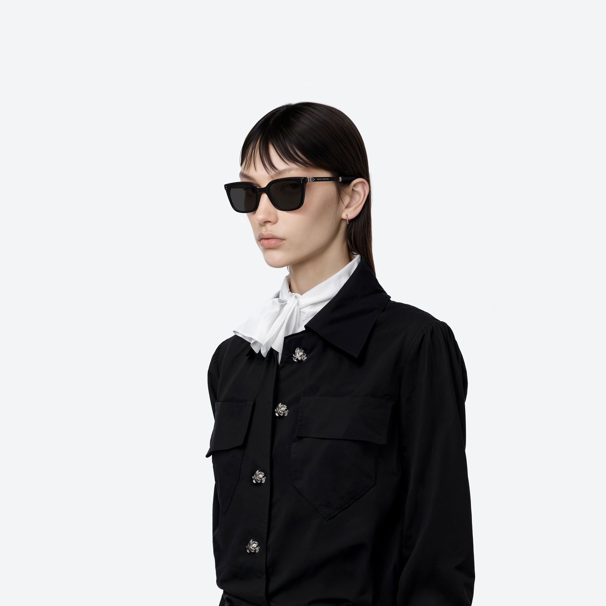 Model wearing the Matiny 01 Black Acetate framed Square sunglasses.
