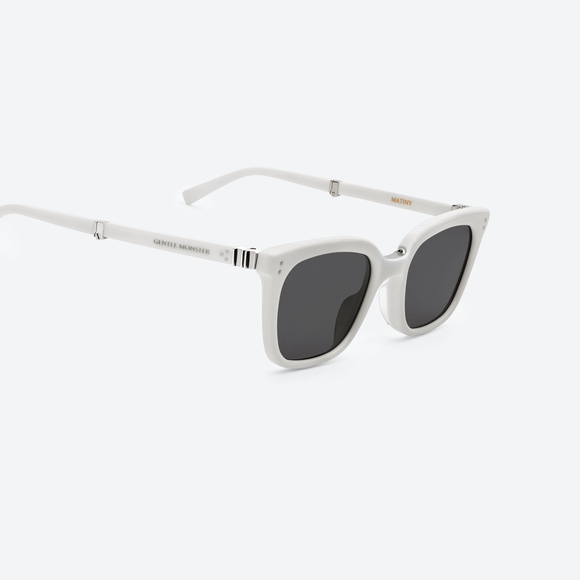 45-degree detailed view of Gentle Monster Matiny W2 White Acetate framed Square sunglasses.