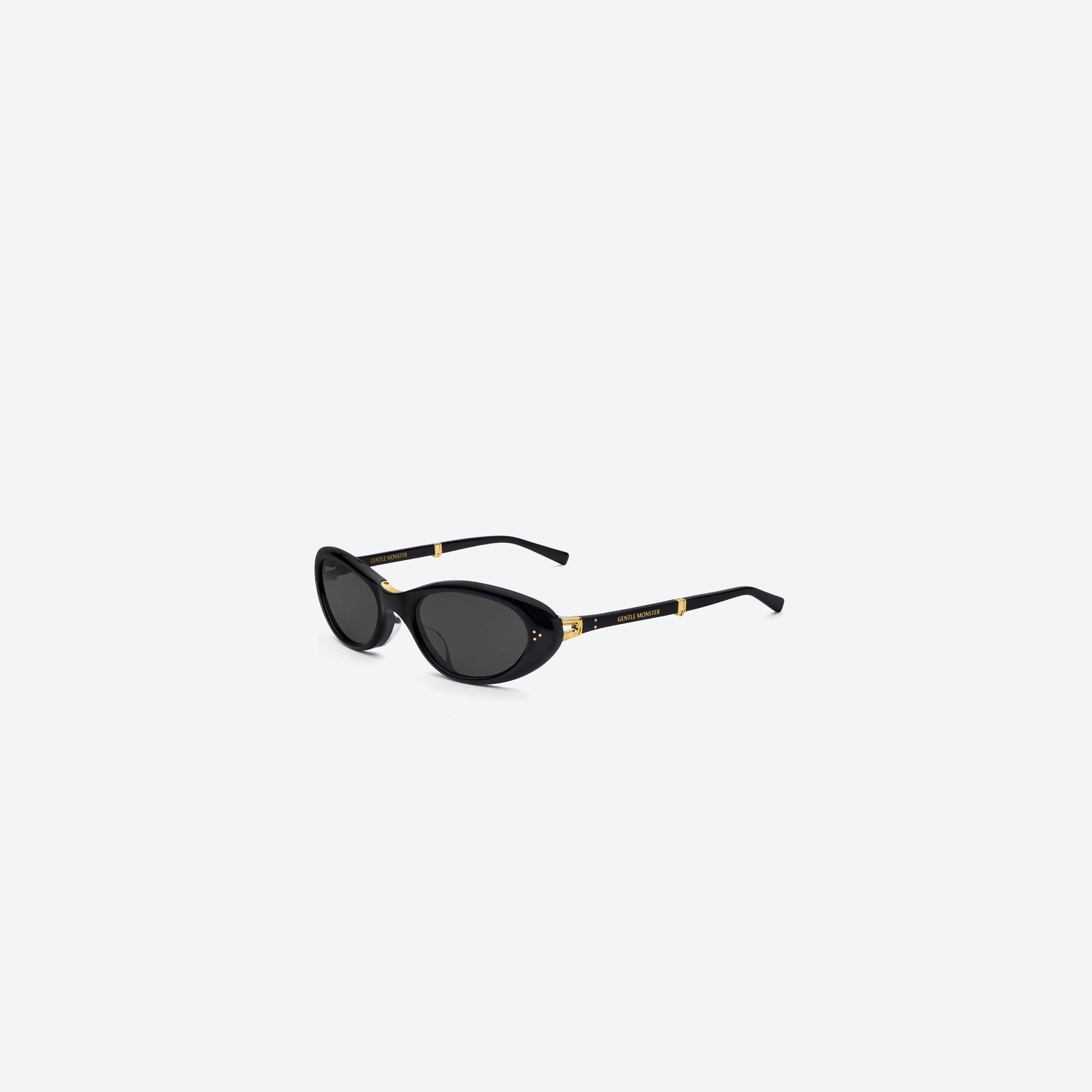45-degree view of Gentle Monster Lolang 01 Black Acetate framed Oval sunglasses.