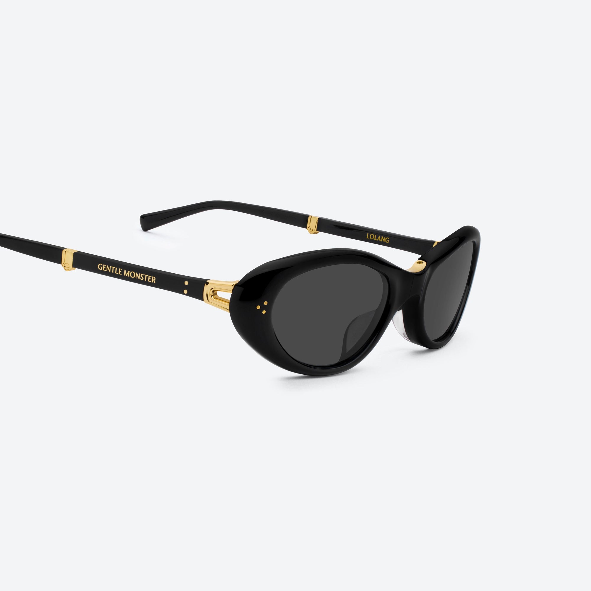 45-degree detailed view of Gentle Monster Lolang 01 Black Acetate framed Oval sunglasses.