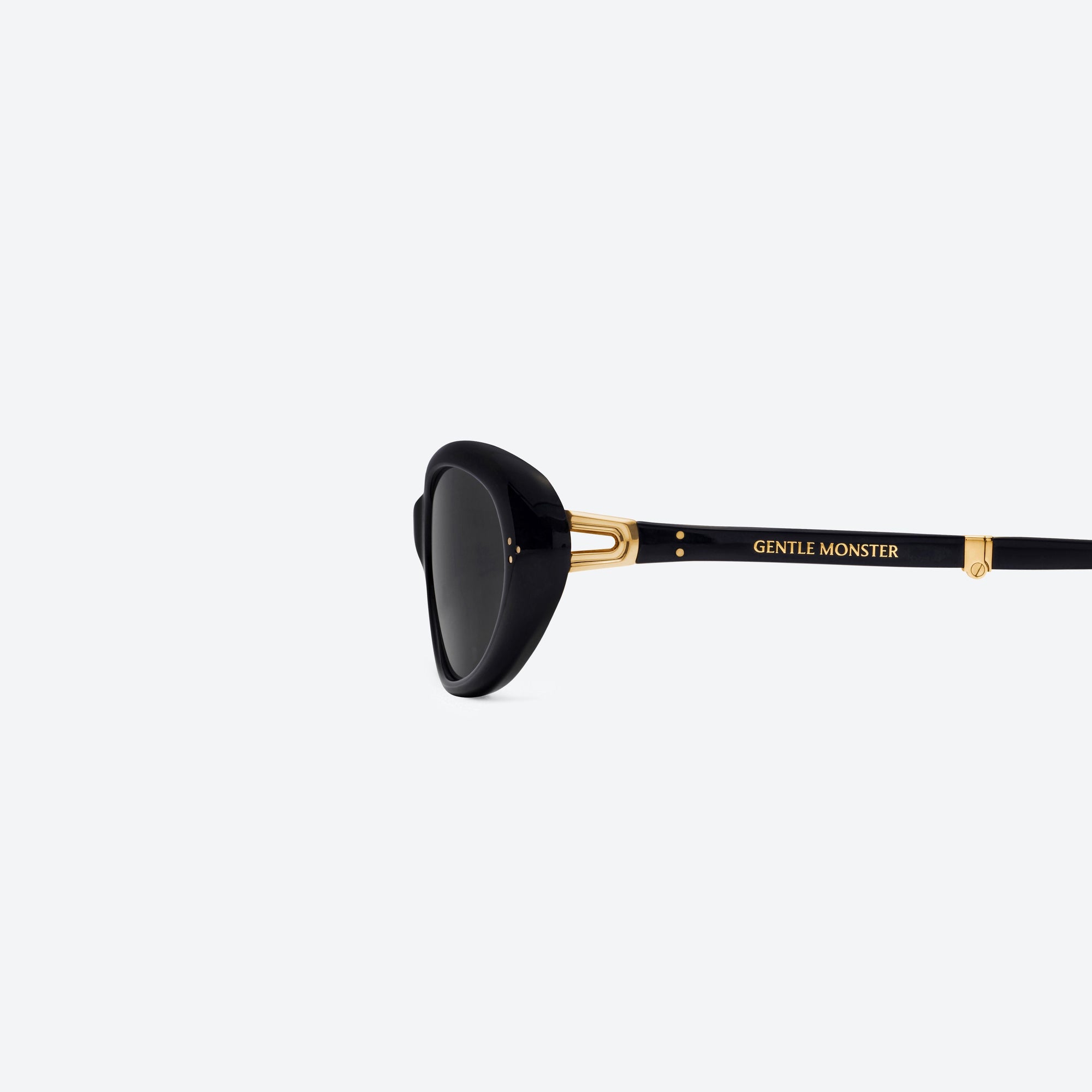 A detailed left view of Gentle Monster Lolang 01 Black Acetate framed Oval sunglasses.