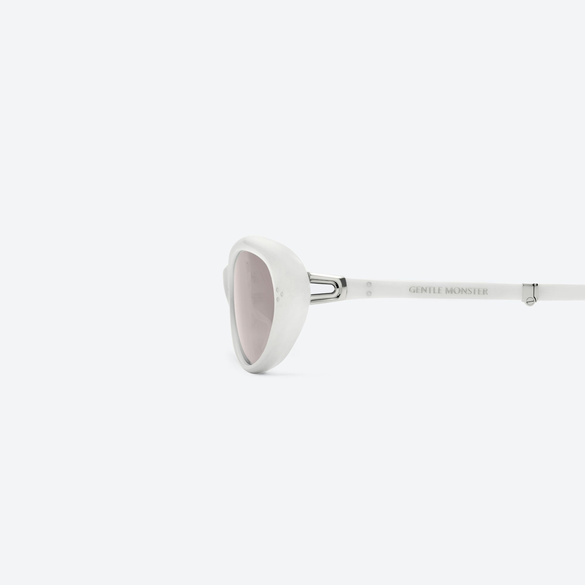A detailed left view of Gentle Monster Lolang W2 White Acetate framed Oval sunglasses.