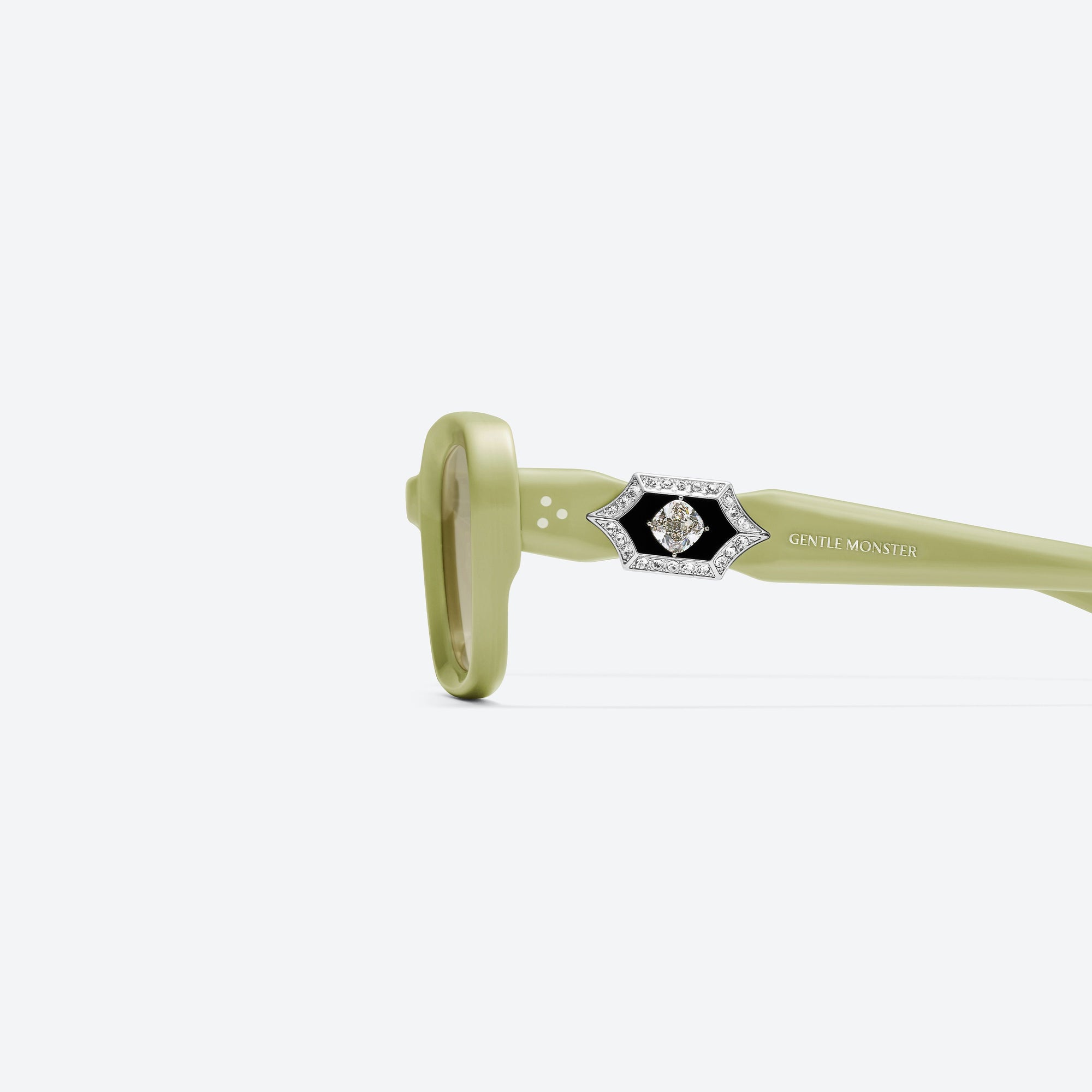 A detailed left view of Gentle Monster Phantom GR9 Green Acetate framed Square sunglasses.