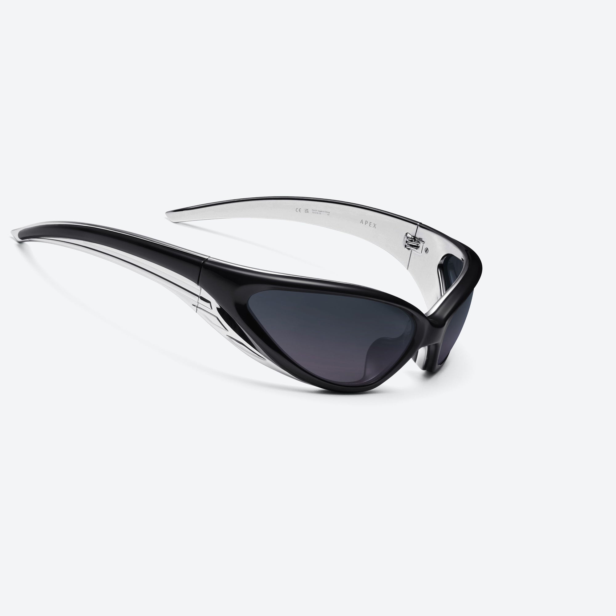 45-degree detailed view of Gentle Monster Apex 01 Black Nylon framed Wraparound sunglasses.