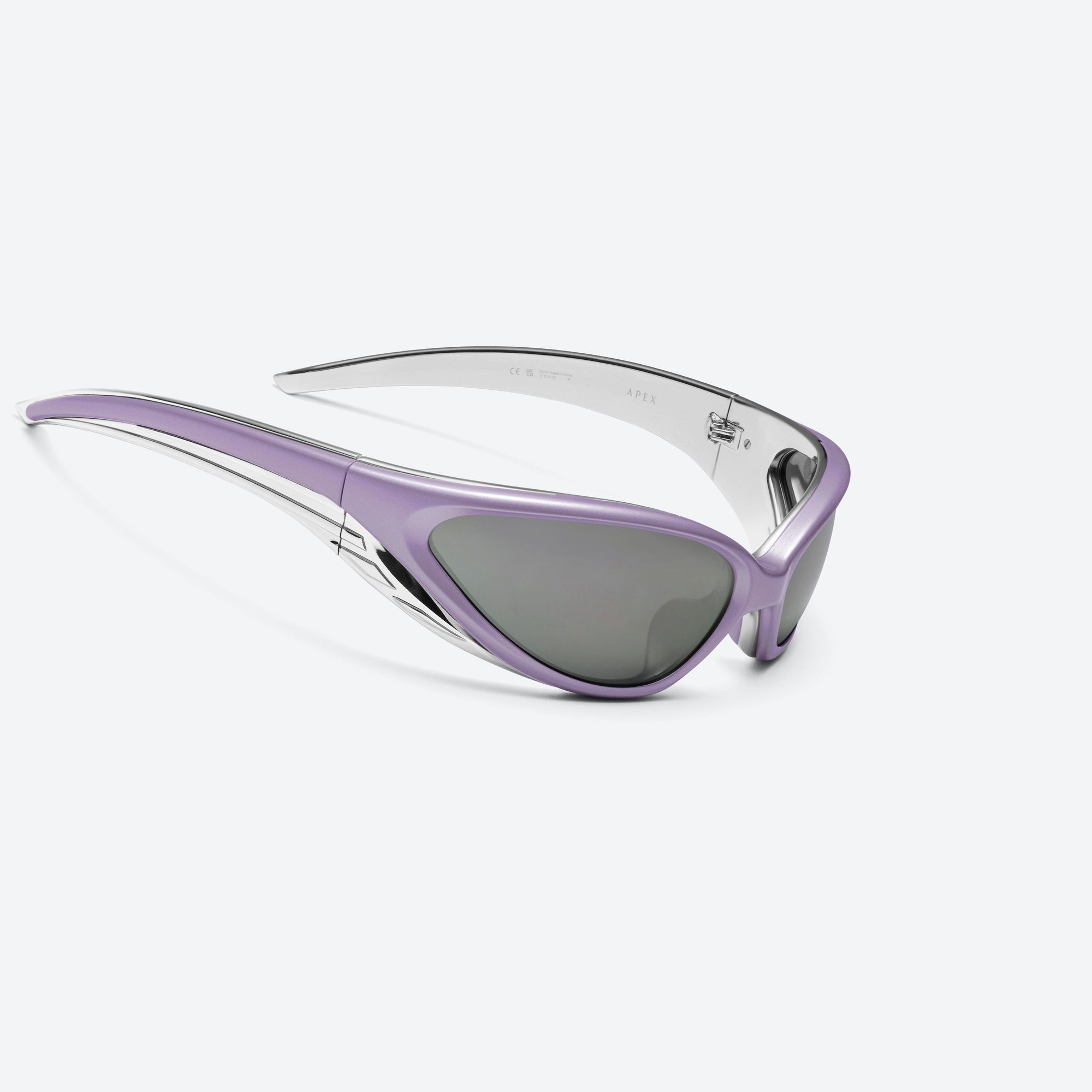 45-degree detailed view of Gentle Monster Apex V6 Purple Nylon framed Wraparound sunglasses.
