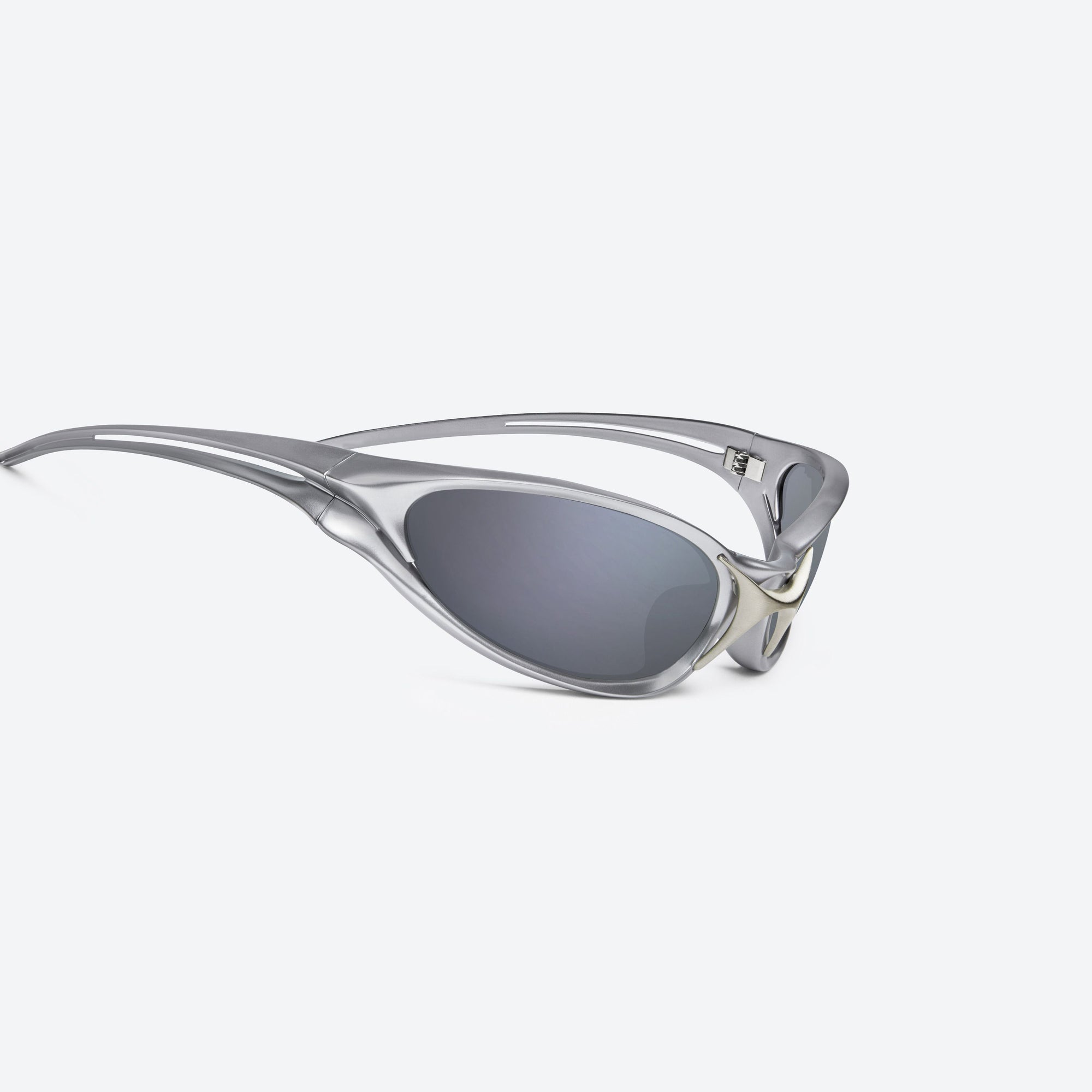 45-degree detailed view of Gentle Monster Species MSV2 Silver Nylon framed Wraparound sunglasses.
