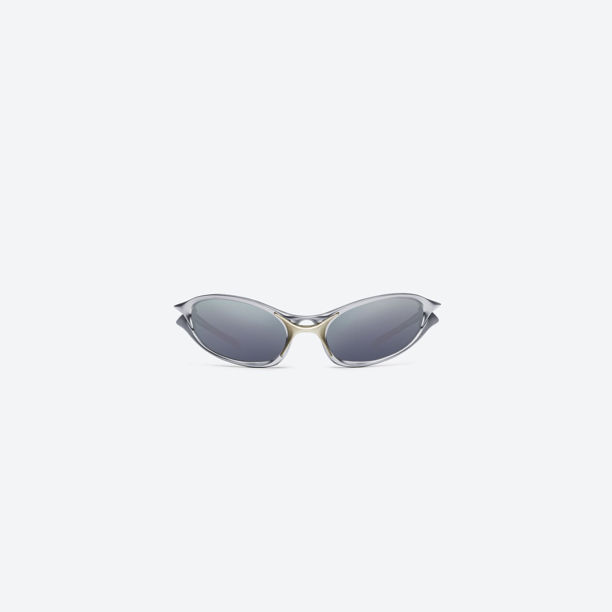 A front view of Gentle Monster Species MSV2 Silver Nylon framed Wraparound sunglasses.