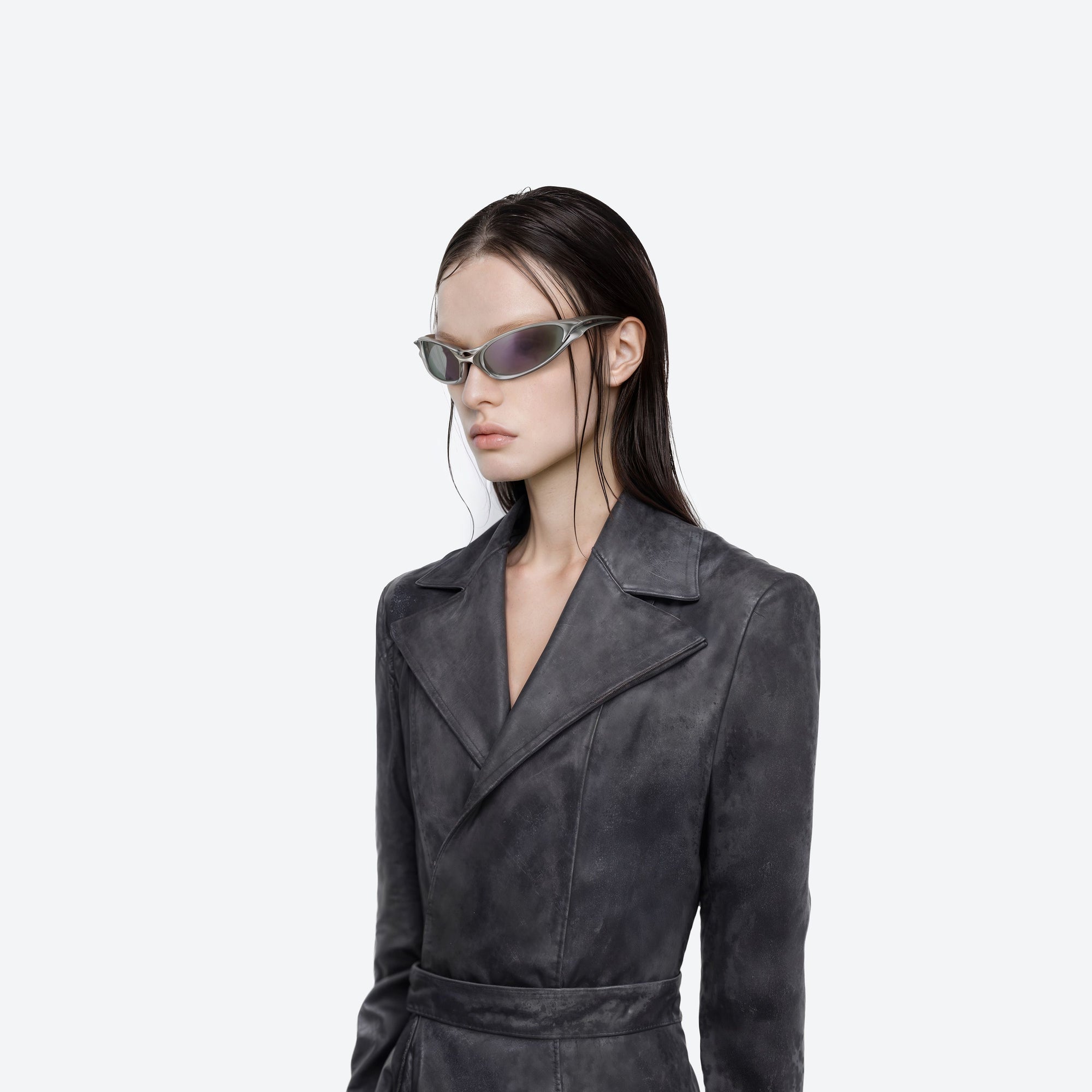 Model wearing the Species MSV2 Silver Nylon framed Wraparound sunglasses.
