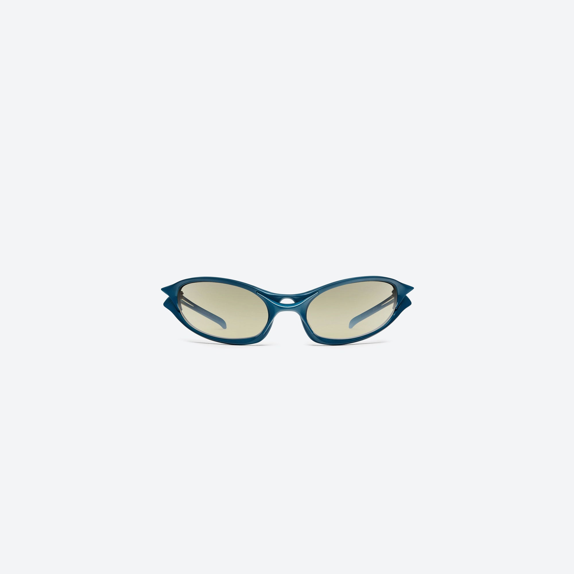 A front view of Gentle Monster Species BL7 Blue Nylon framed Wraparound sunglasses.