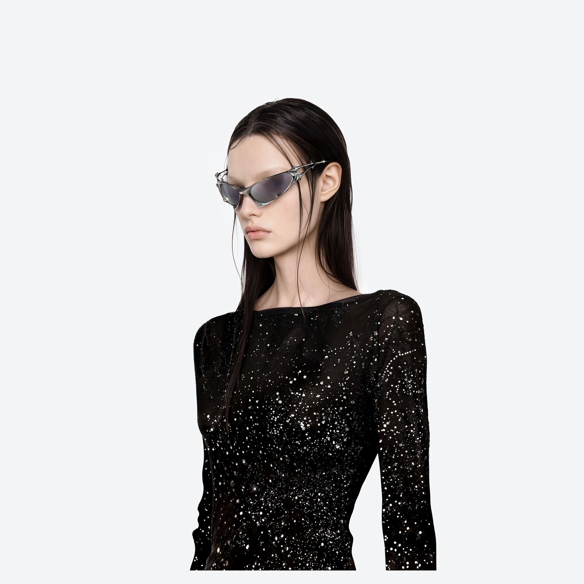 Model wearing the Goxx 02 Silver Metal framed Wraparound sunglasses.