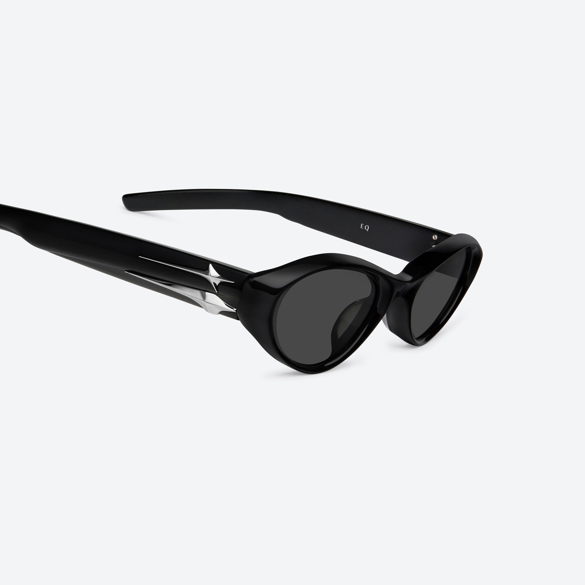 45-degree detailed view of Gentle Monster Eq 01 Black Acetate framed Cat-eye sunglasses.