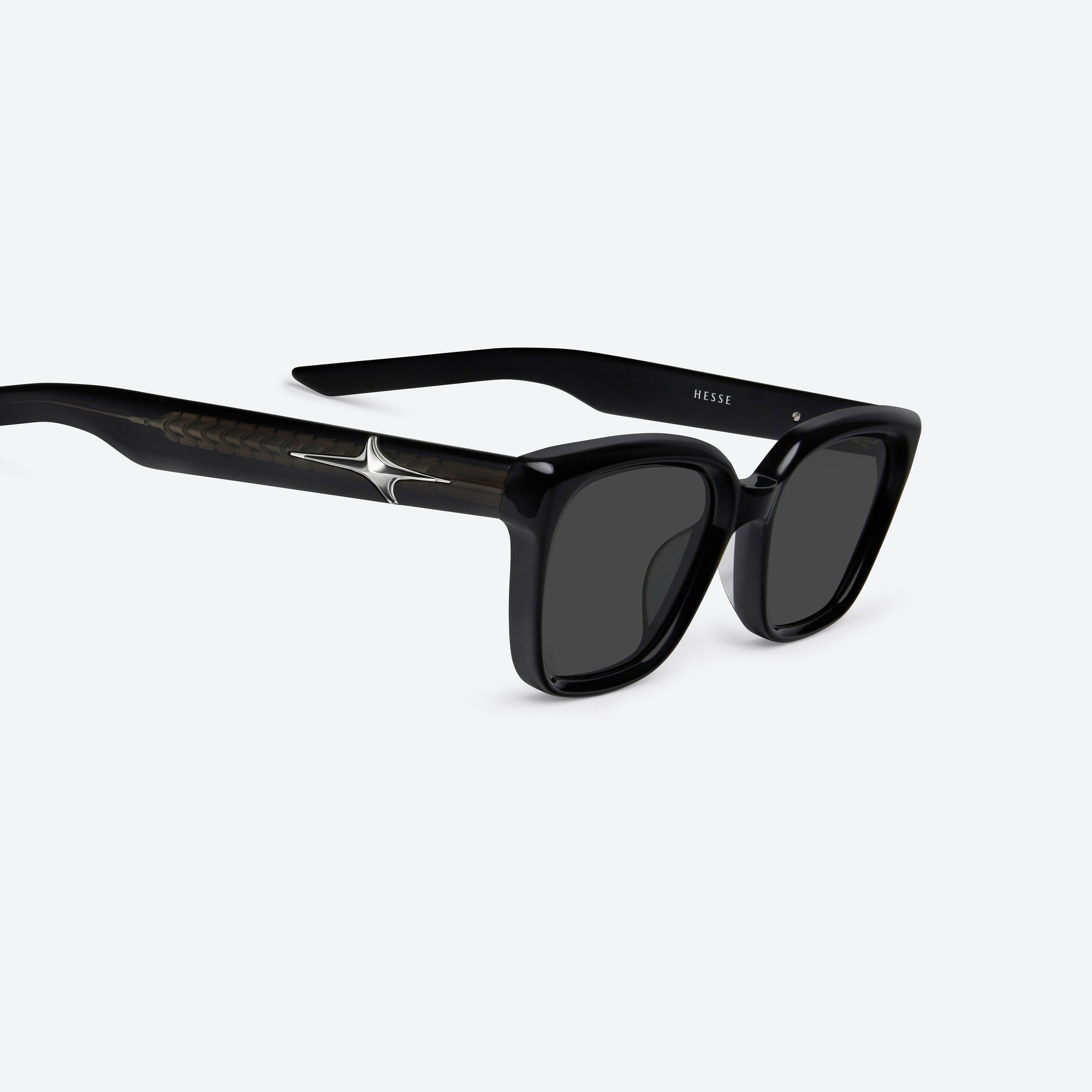45-degree detailed view of Gentle Monster Hesse 01 Black Acetate framed Square sunglasses.