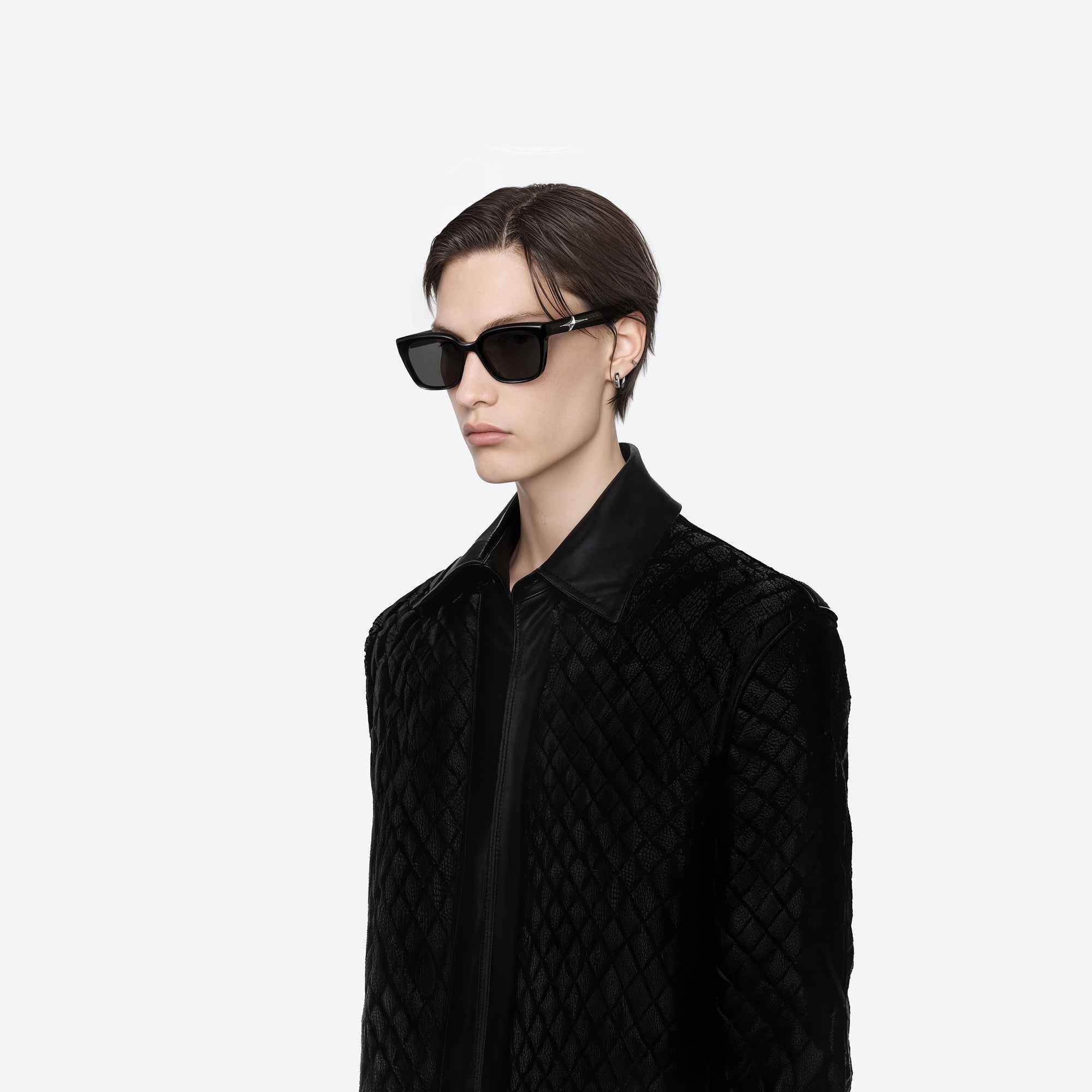 Model wearing the Hesse 01 Black Acetate framed Square sunglasses.