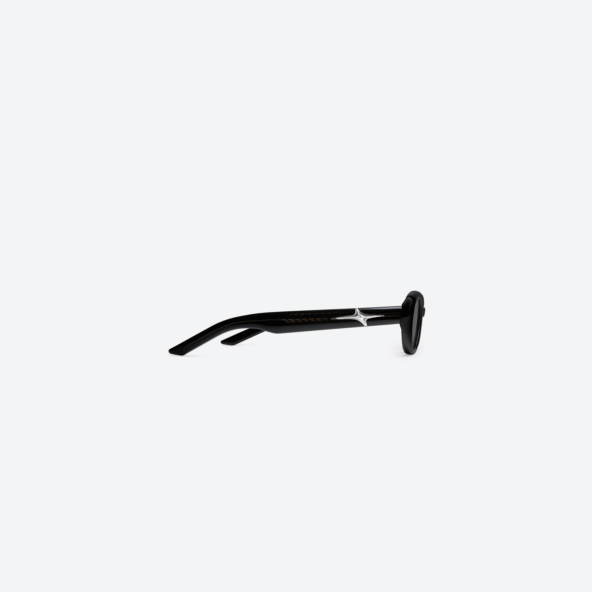 A detailed right view of Gentle Monster Loco 01 Black Acetate framed Oval sunglasses.
