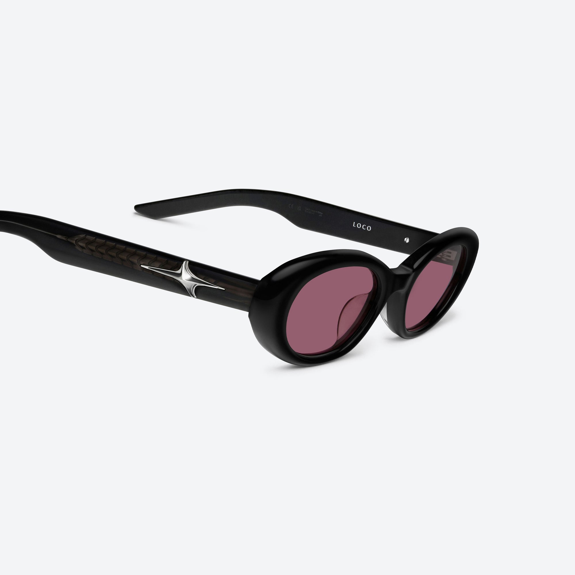 45-degree detailed view of Gentle Monster Loco 01(R) Black Acetate framed Oval sunglasses.