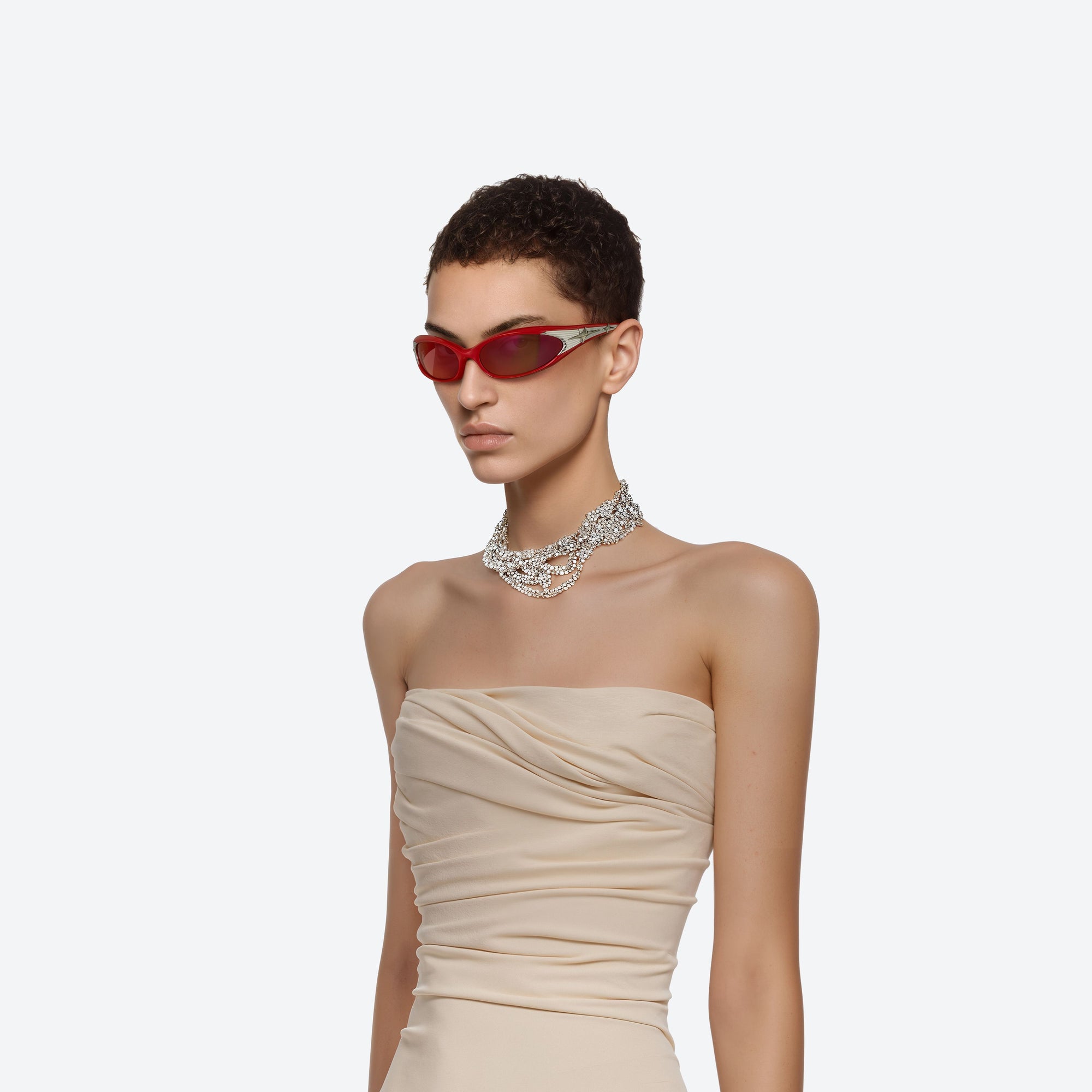 Model wearing the M87 R6 Red Nylon framed Wraparound sunglasses.
