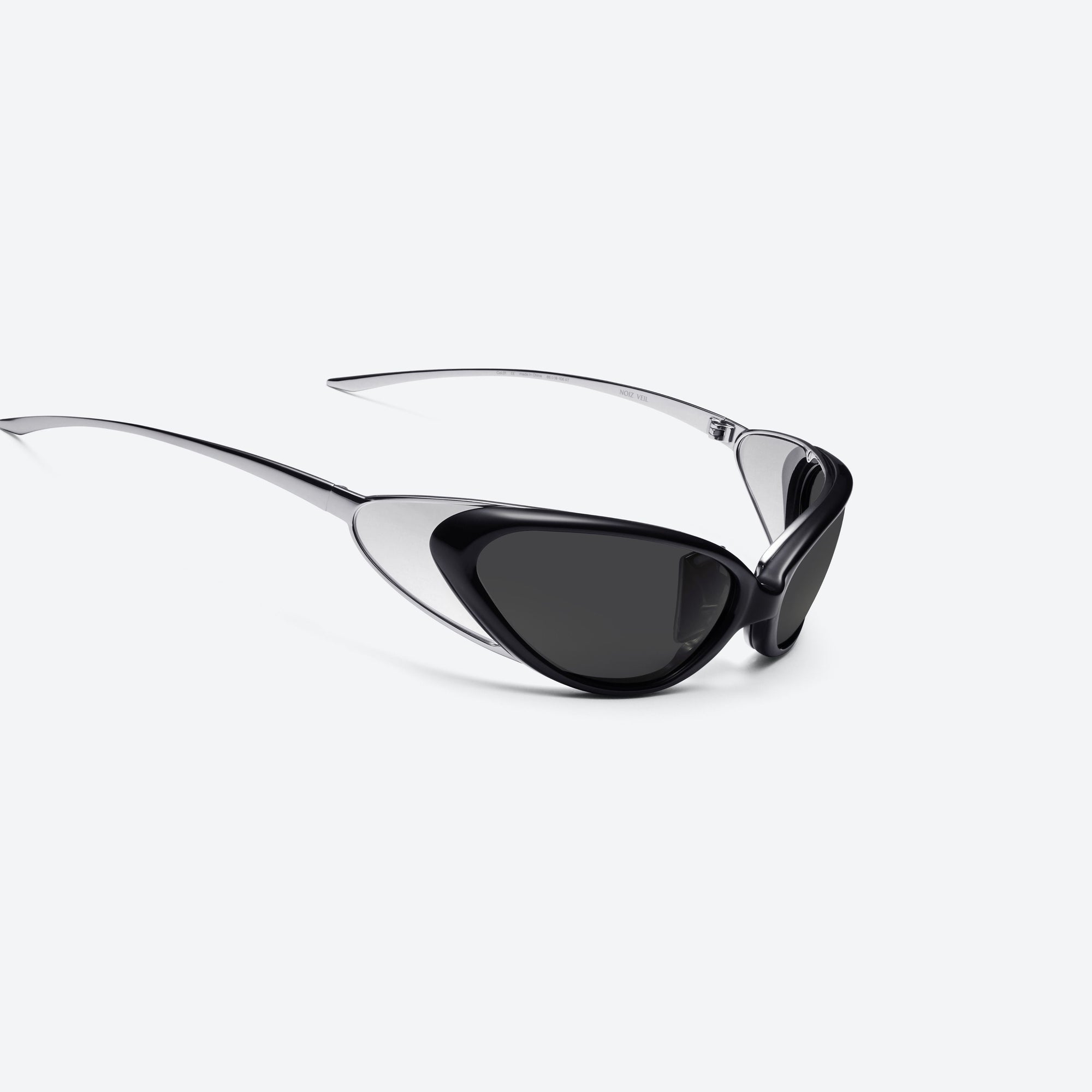 45-degree detailed view of Gentle Monster Noiz Veil 01 Black Nylon framed Wraparound sunglasses.