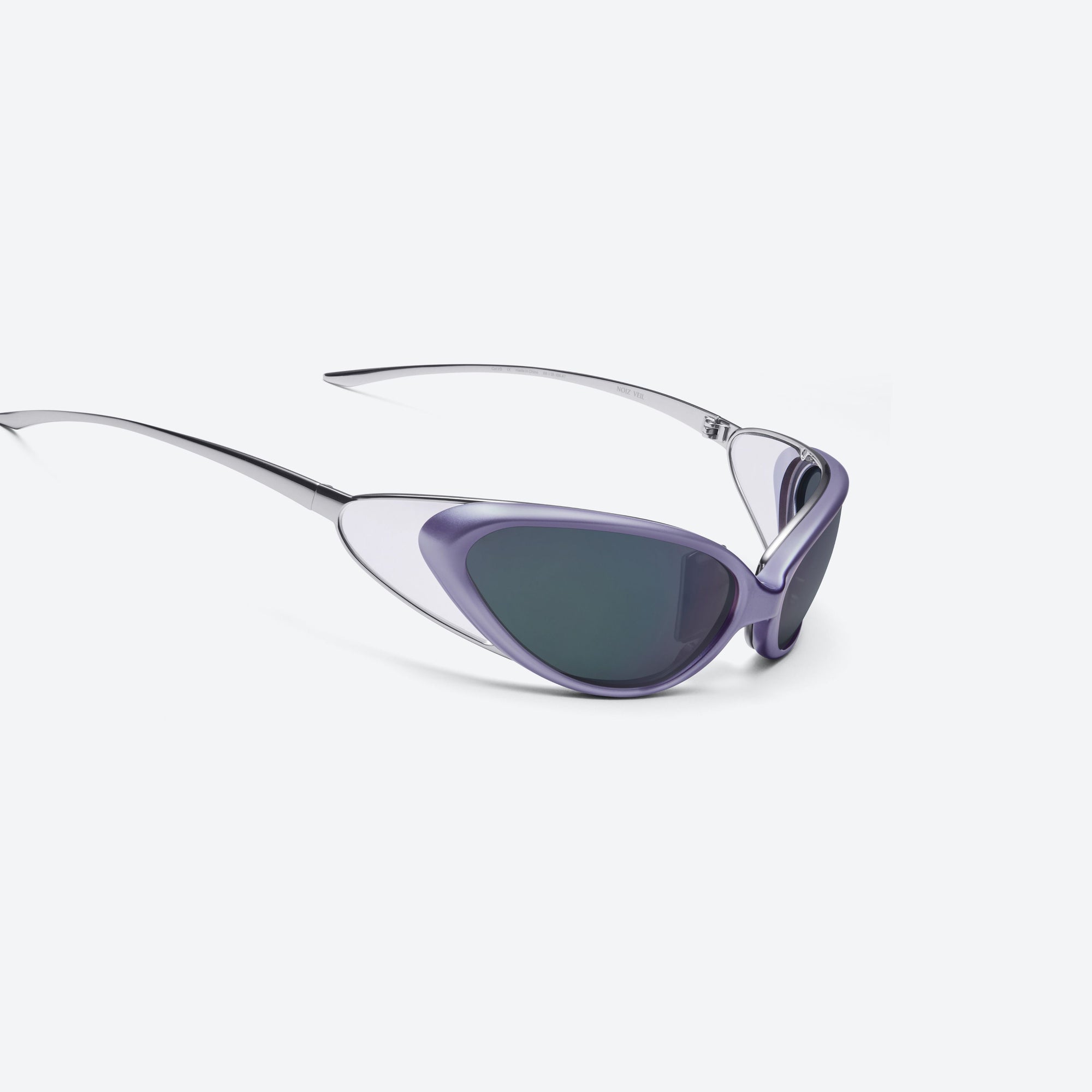 45-degree detailed view of Gentle Monster Noiz Veil V5 Purple Nylon framed Wraparound sunglasses.