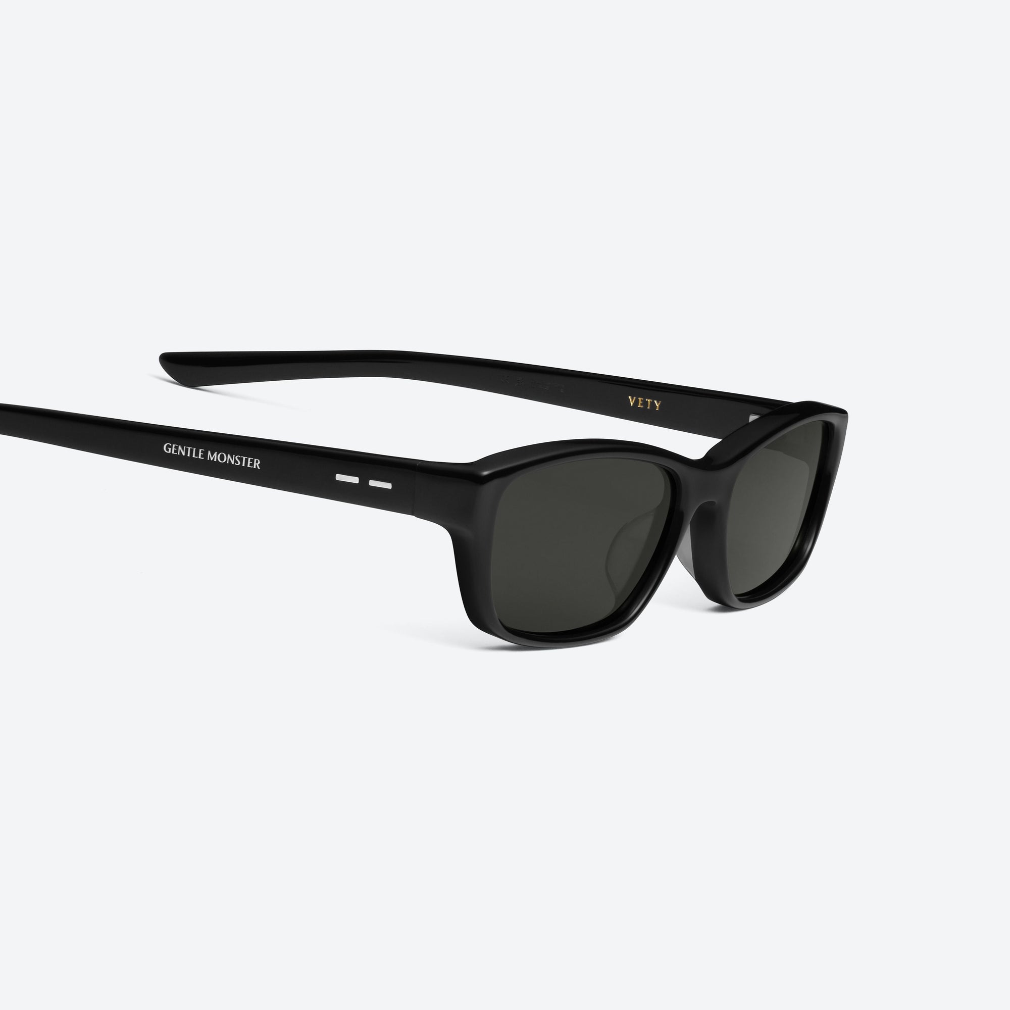 45-degree detailed view of Gentle Monster Vety 01 Black Acetate framed Square sunglasses.