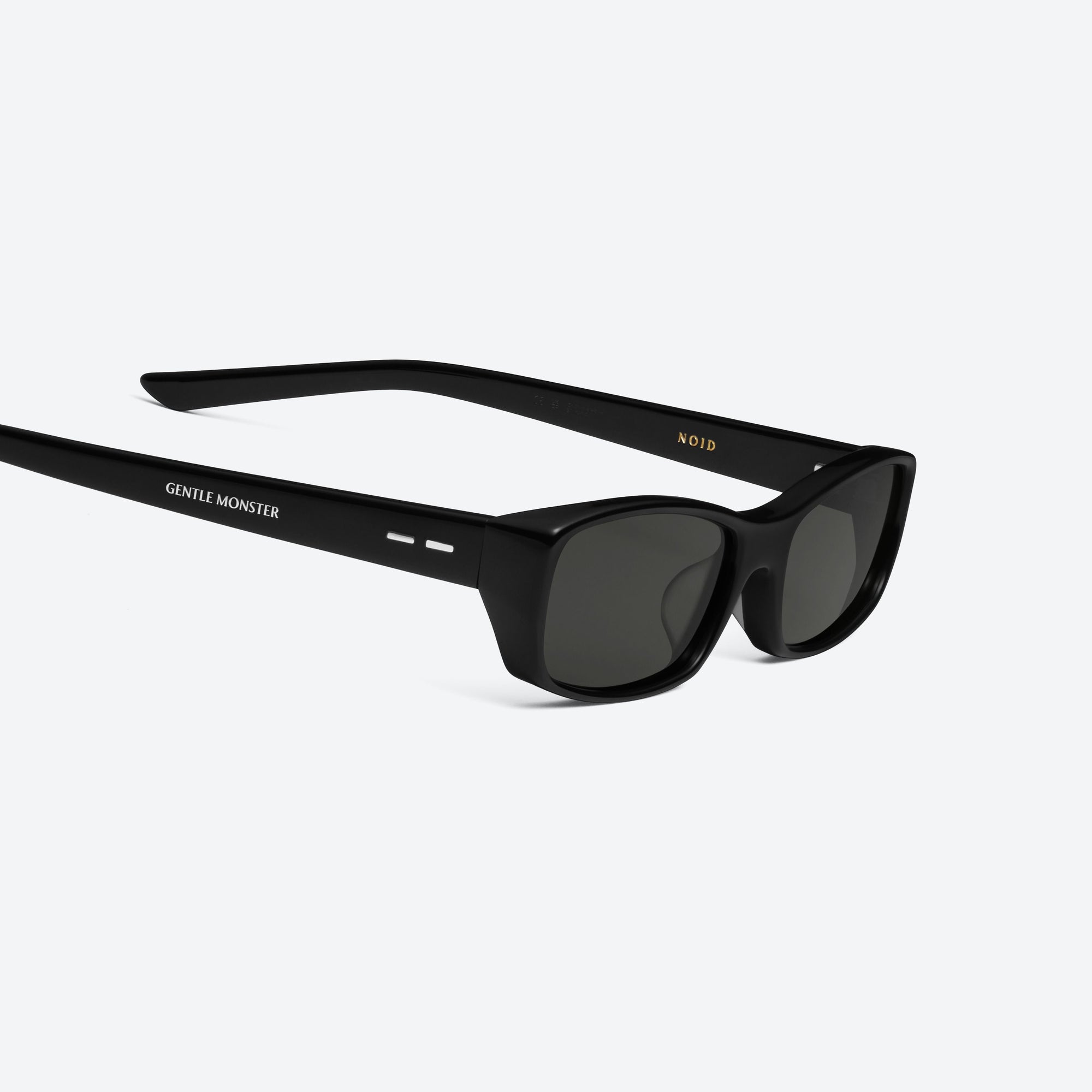 45-degree detailed view of Gentle Monster Noid 01 Black Acetate framed Square sunglasses.