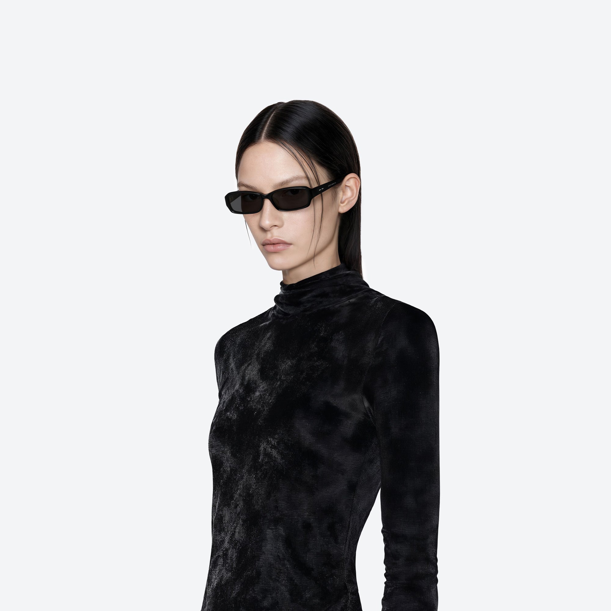 Model wearing the Halo 01 Black Acetate framed Square sunglasses.