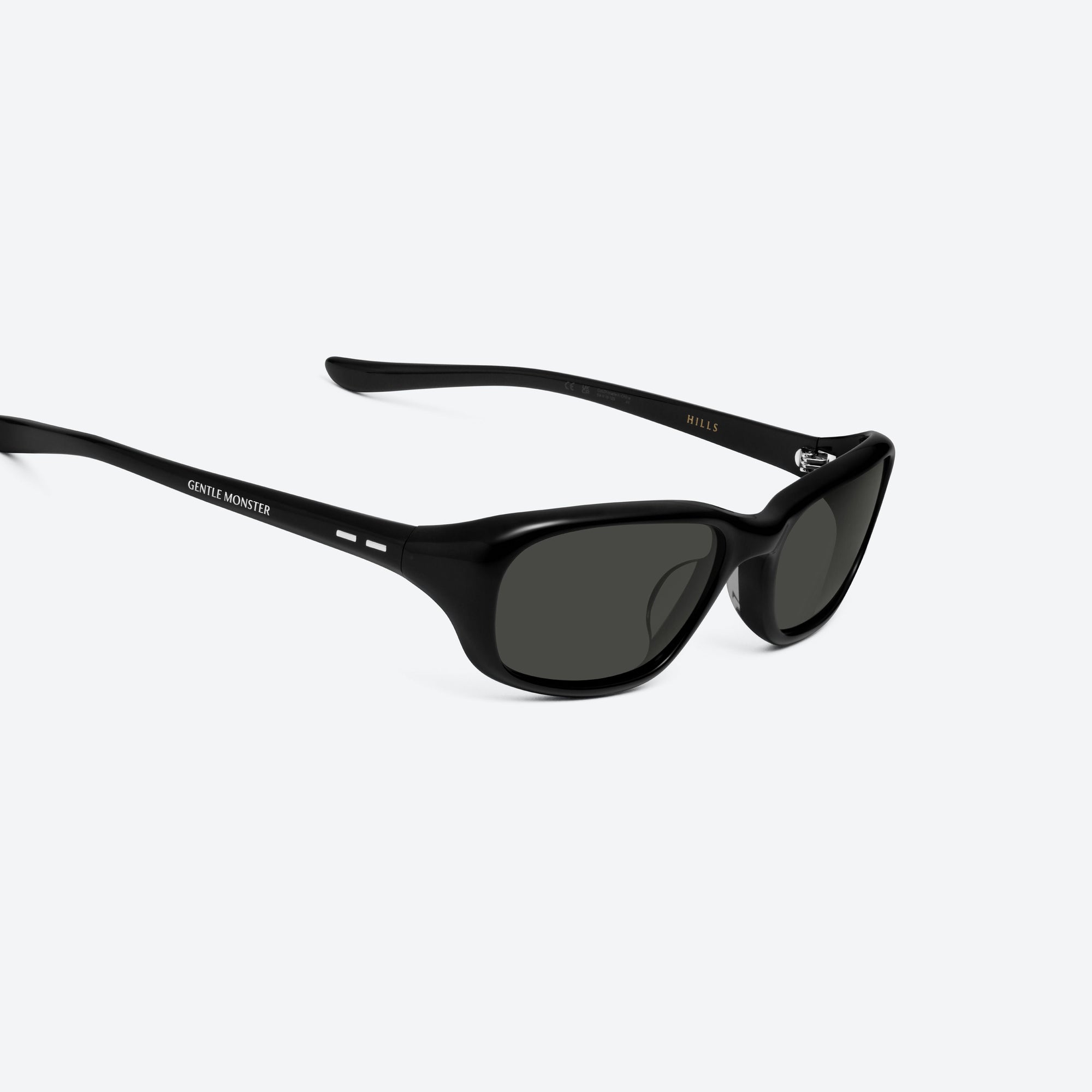45-degree detailed view of Gentle Monster Hills 01 Black Acetate framed Wraparound sunglasses.
