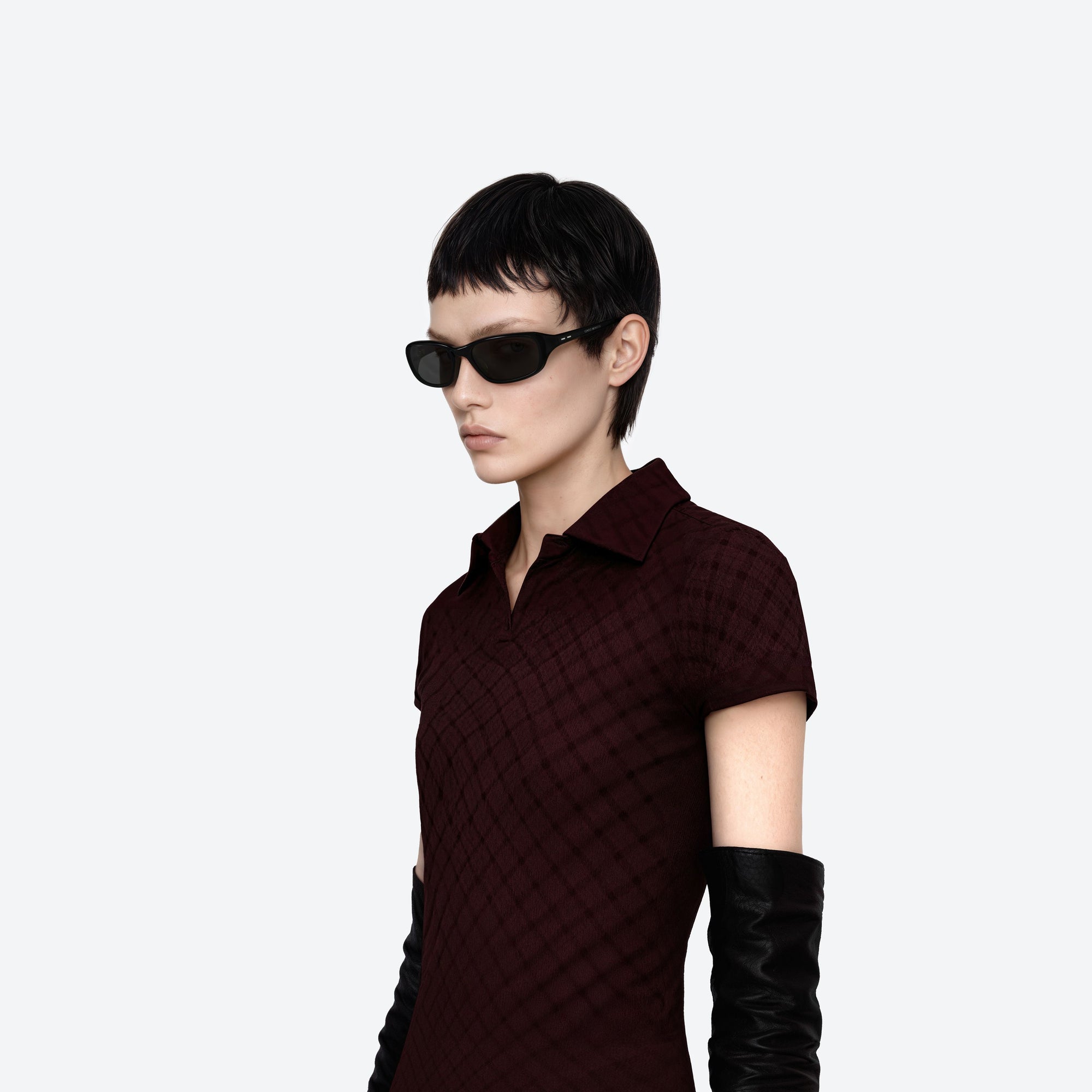 Model wearing the Hills 01 Black Acetate framed Wraparound sunglasses.